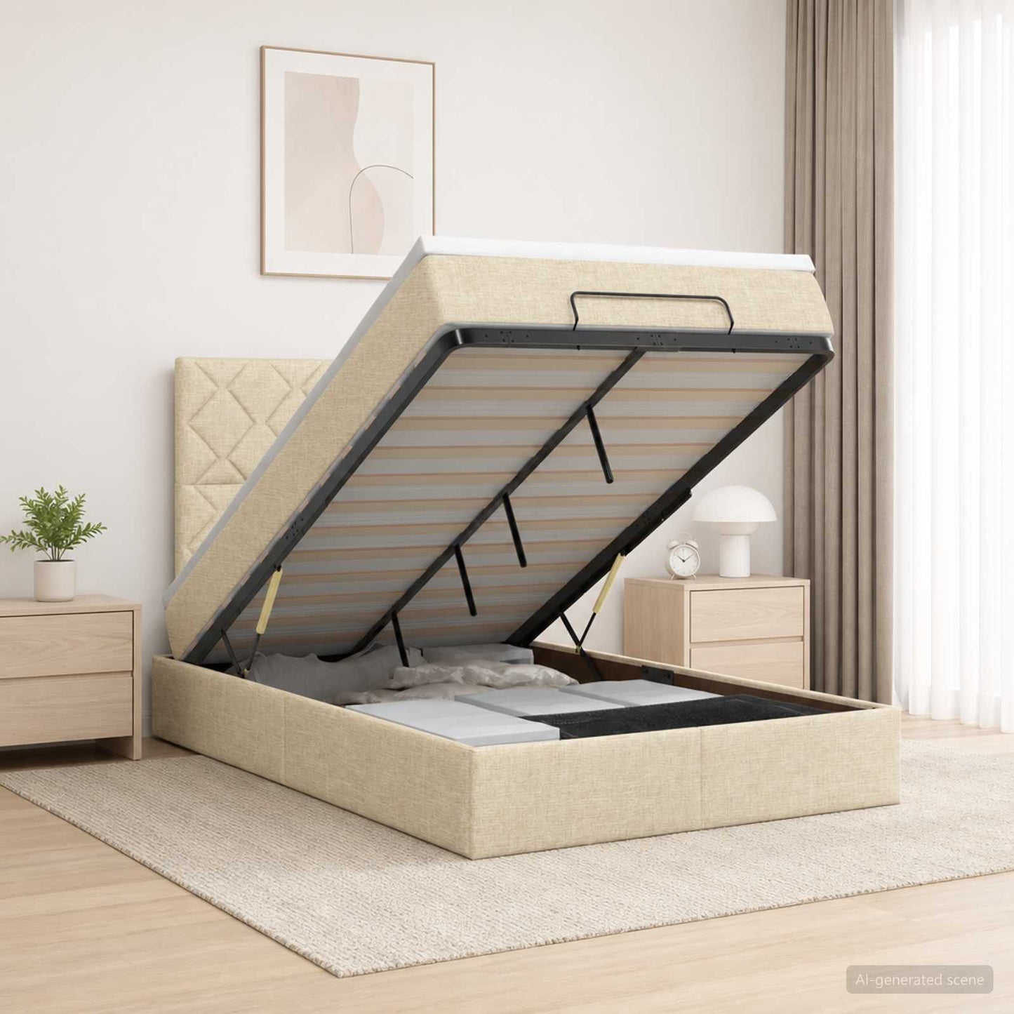 Ottoman seng med madras og LED Cremefarvet 120 x 200 cm Stof