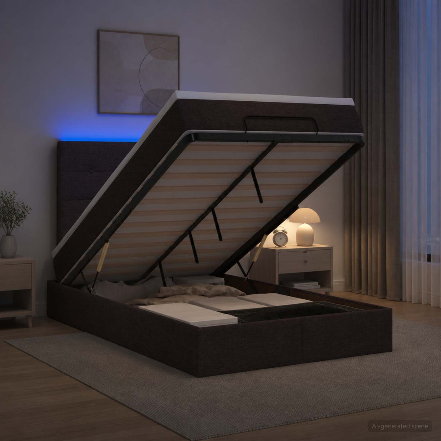 Ottoman seng med madras og LED Mørk Brun 120 x 190 cm Stof
