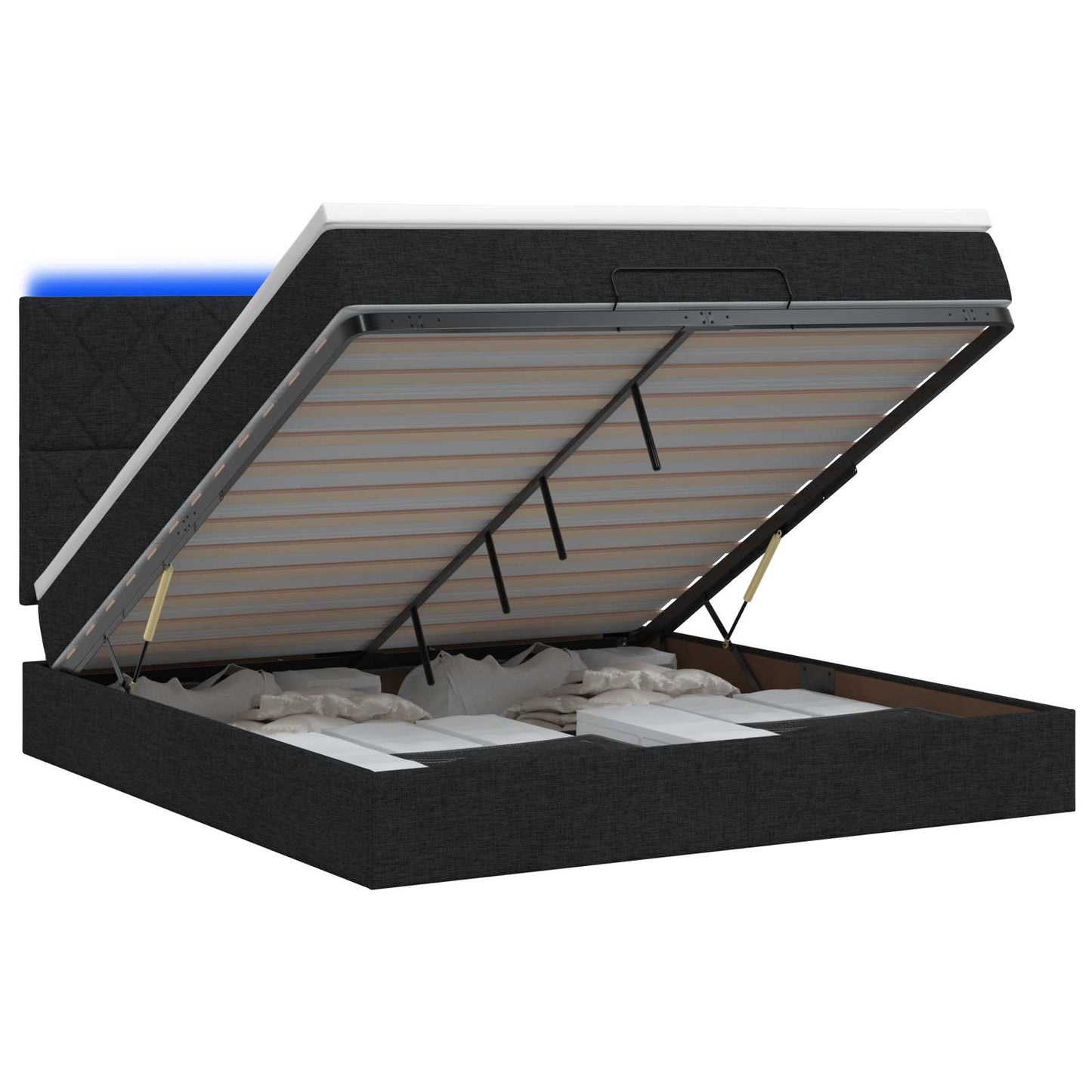 Ottoman seng med madras og LED Sort 140 x 200 cm Stof