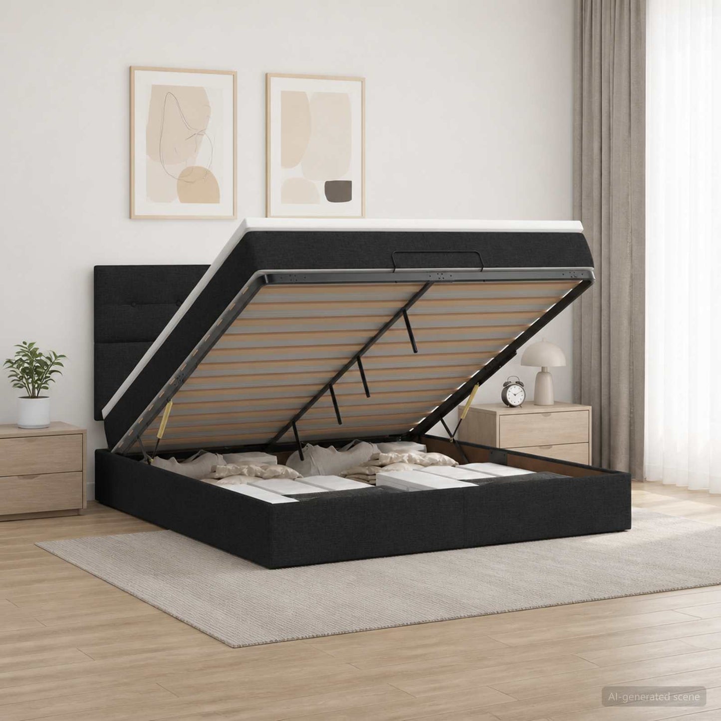 Ottoman seng med madras og LED Sort 140 x 190 cm Stof
