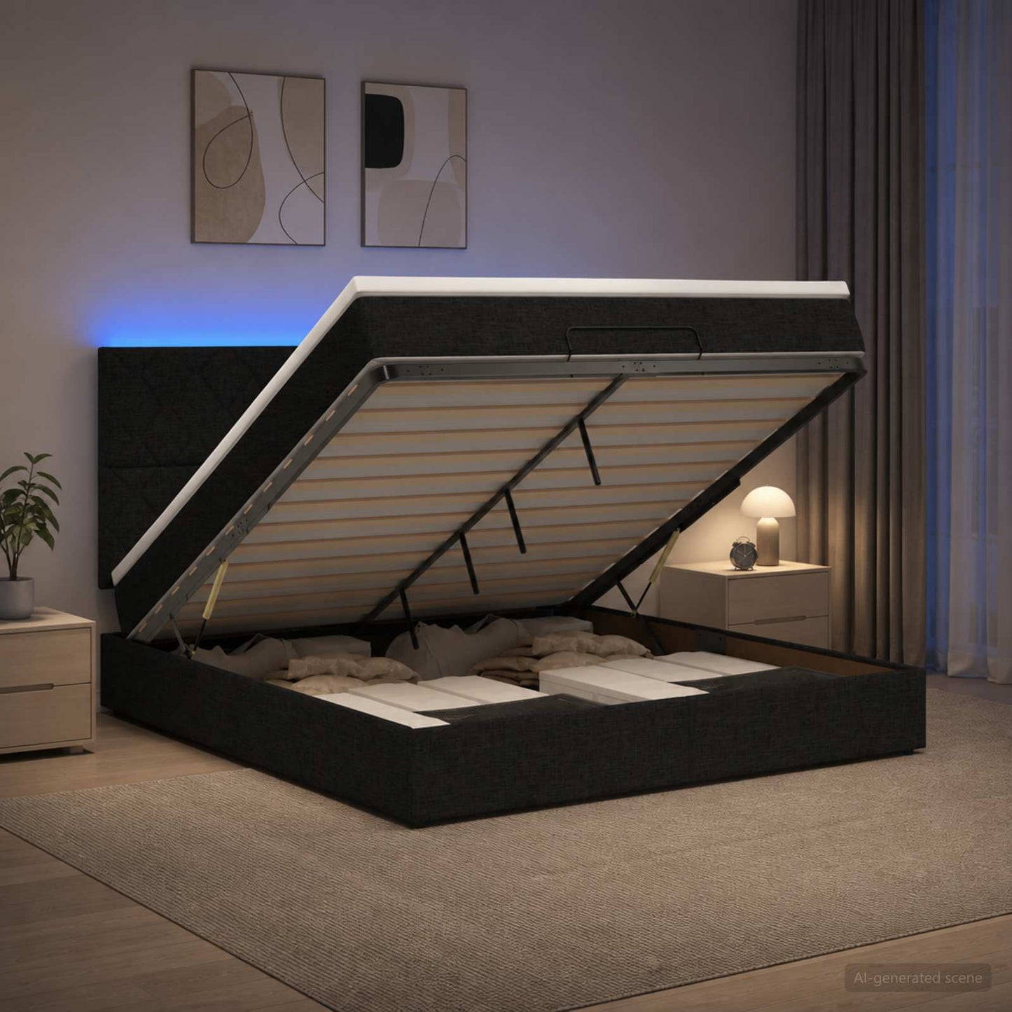 Ottoman seng med madras og LED Sort 140 x 200 cm Stof