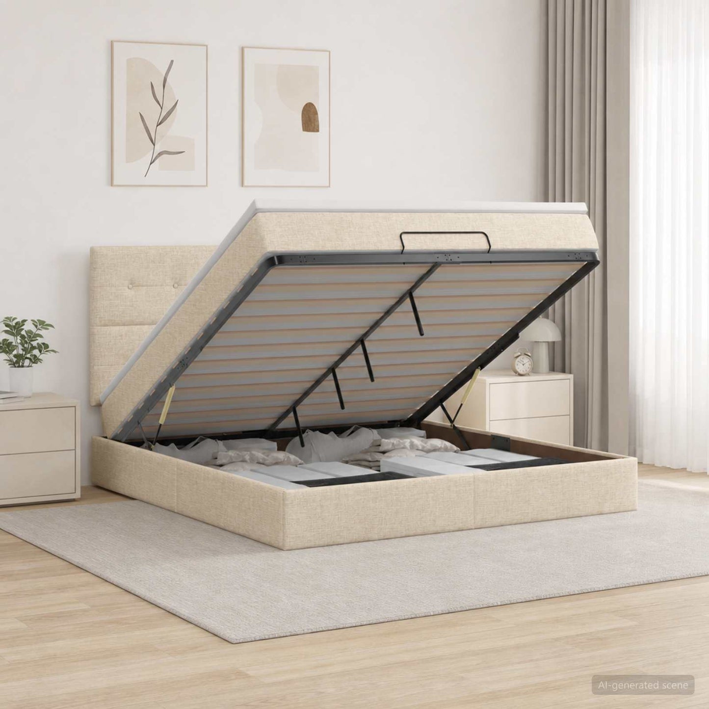 Ottoman seng med madras og LED Cremefarvet 140 x 190 cm Stof