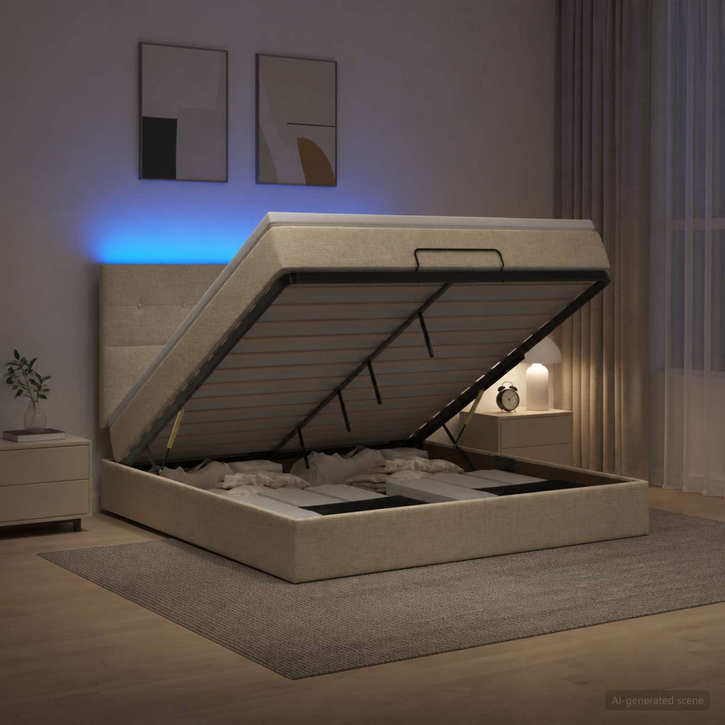 Ottoman seng med madras og LED Cremefarvet 180 x 200 cm Stof