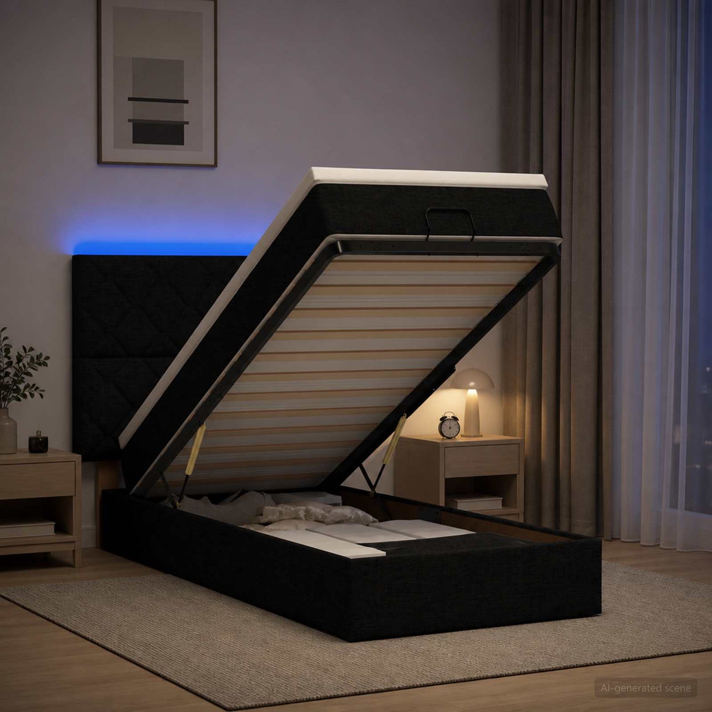 Ottoman seng med madras og LED Sort 90 x 200 cm Stof