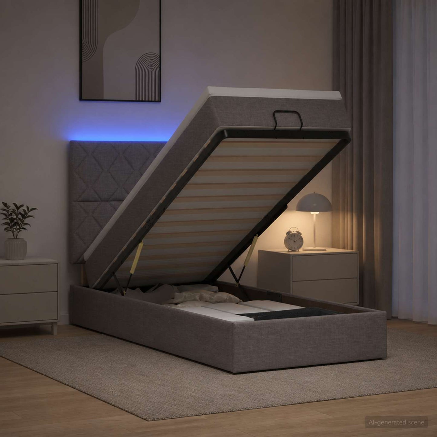 Ottoman seng med madras og LED Gråbrun 90 x 190 cm Stof