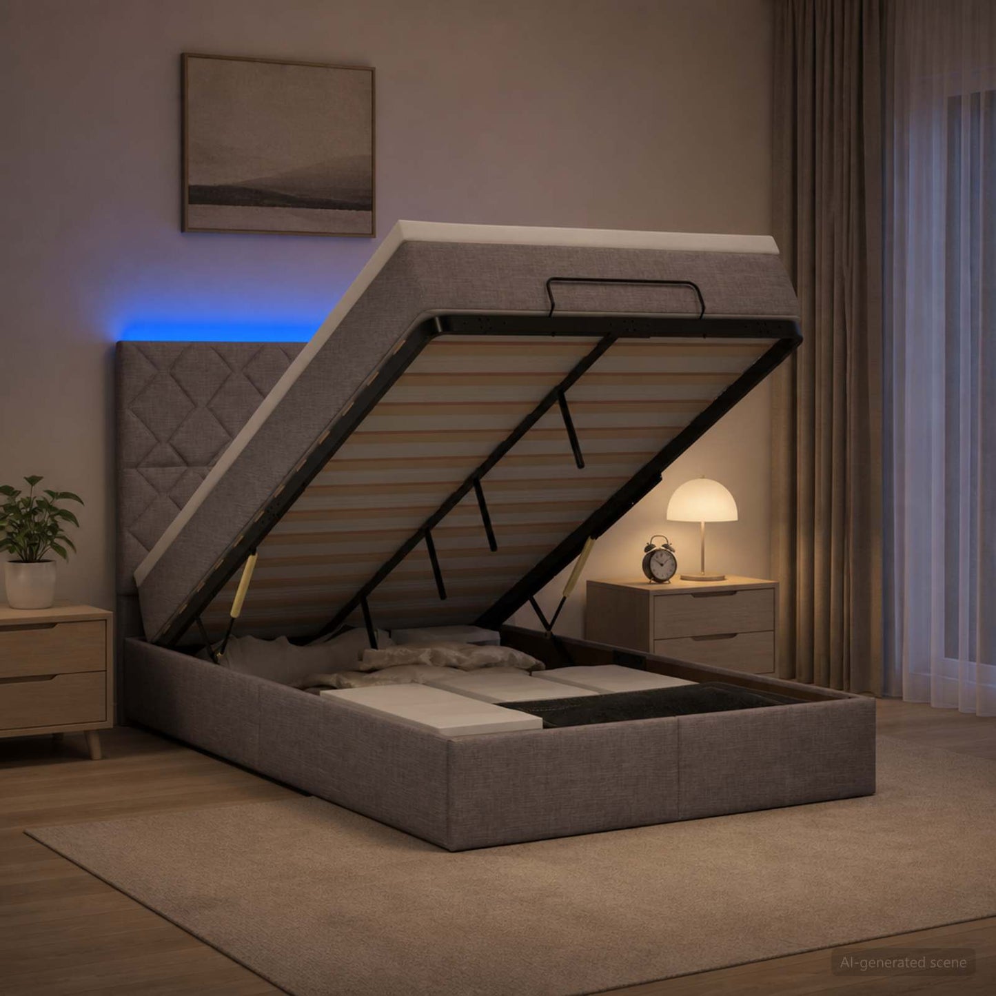 Ottoman seng med madras og LED Gråbrun 120 x 190 cm Stof