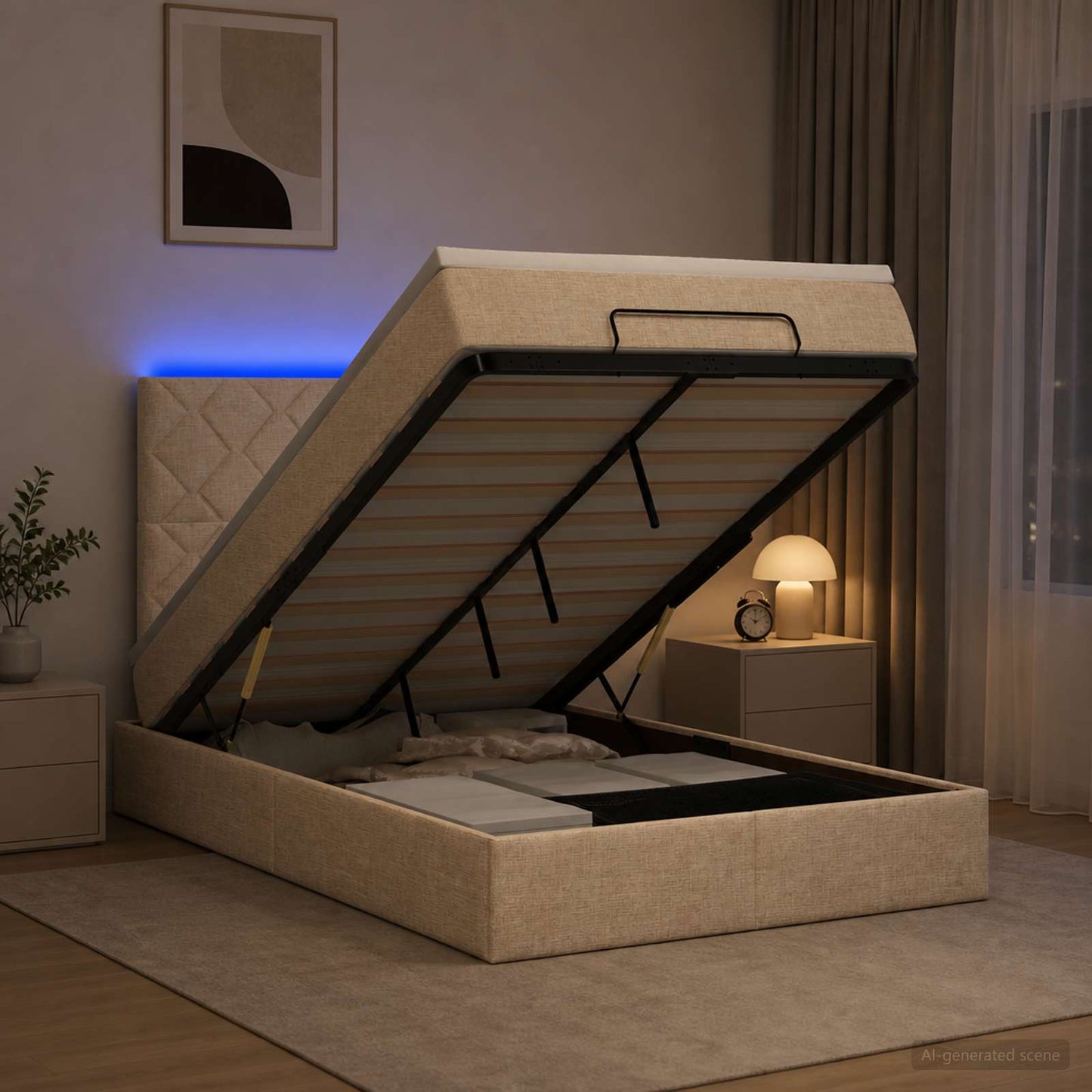 Ottoman seng med madras og LED Cremefarvet 120 x 190 cm Stof