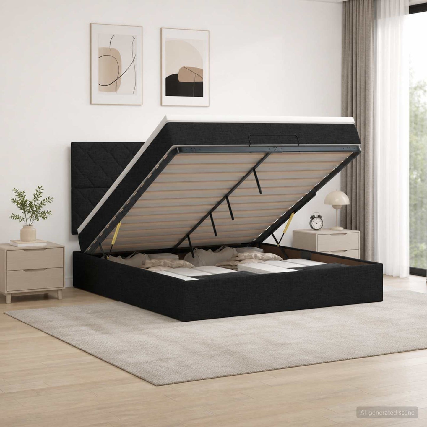 Ottoman seng med madras og LED Sort 140 x 200 cm Stof