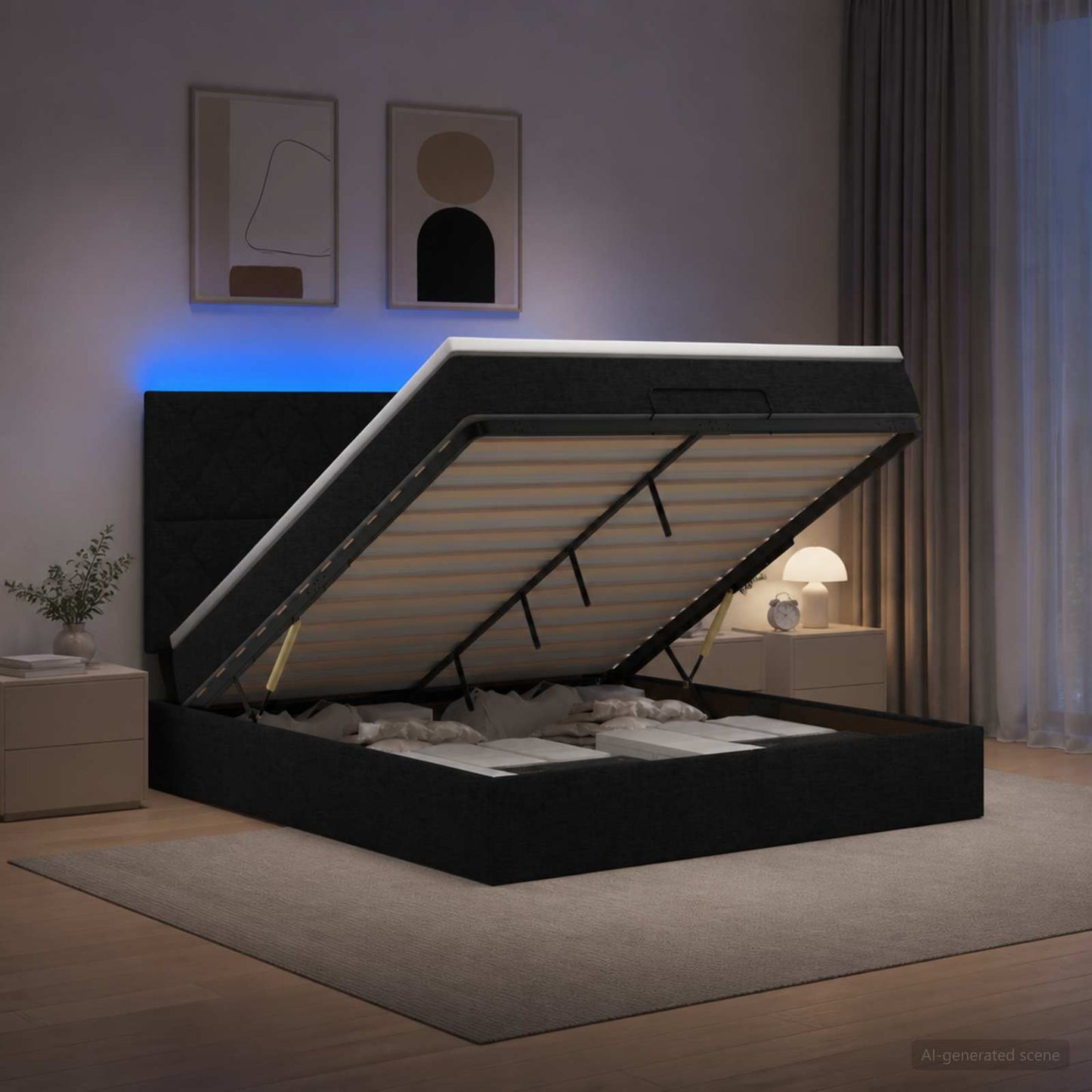 Ottoman seng med madras og LED Sort 140 x 190 cm Stof