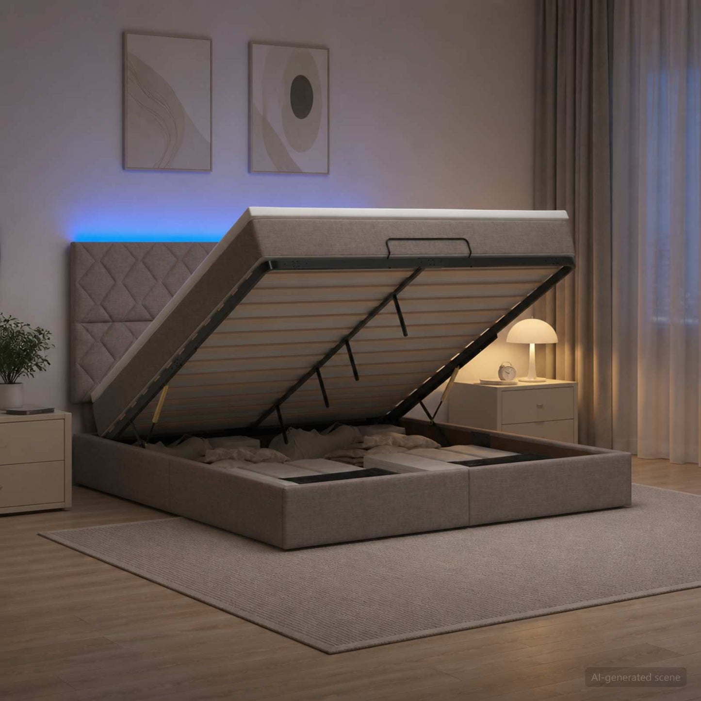 Ottoman seng med madras og LED Gråbrun 180 x 200 cm Stof