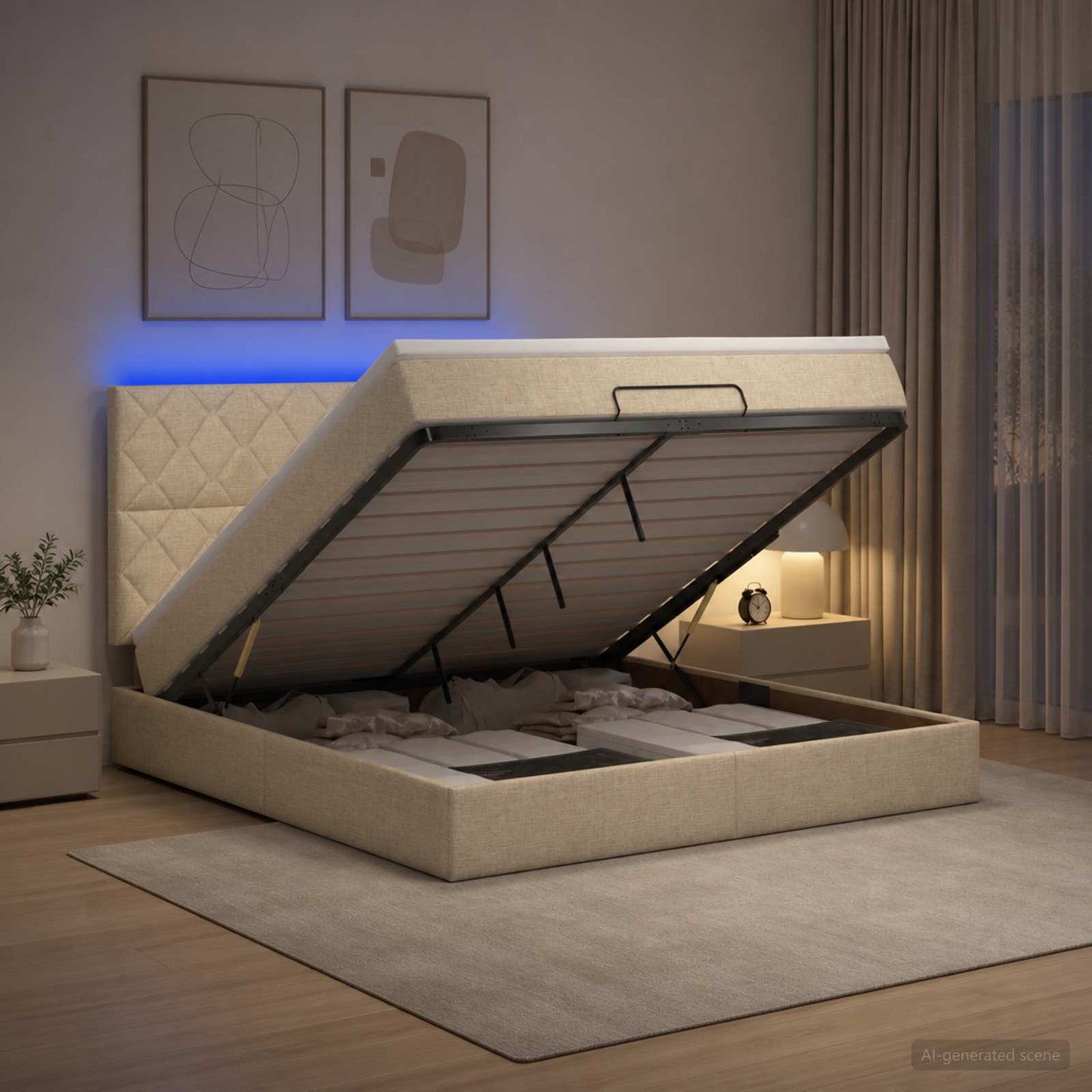 Ottoman seng med madras og LED Cremefarvet 180 x 200 cm Stof