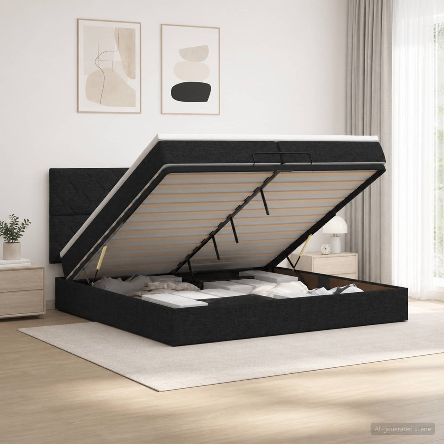 Ottoman seng med madras og LED Sort 200 x 200 cm Stof