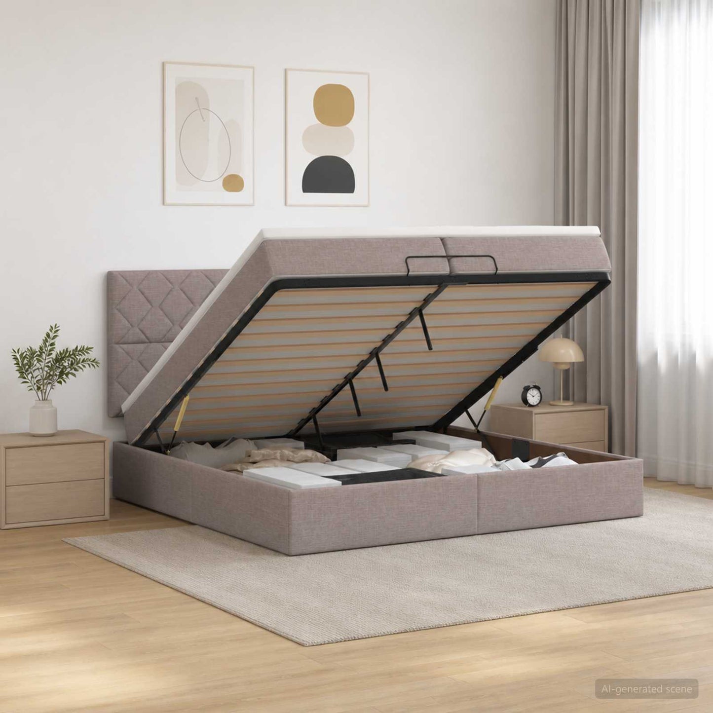 Ottoman seng med madras og LED Gråbrun 200 x 200 cm Stof