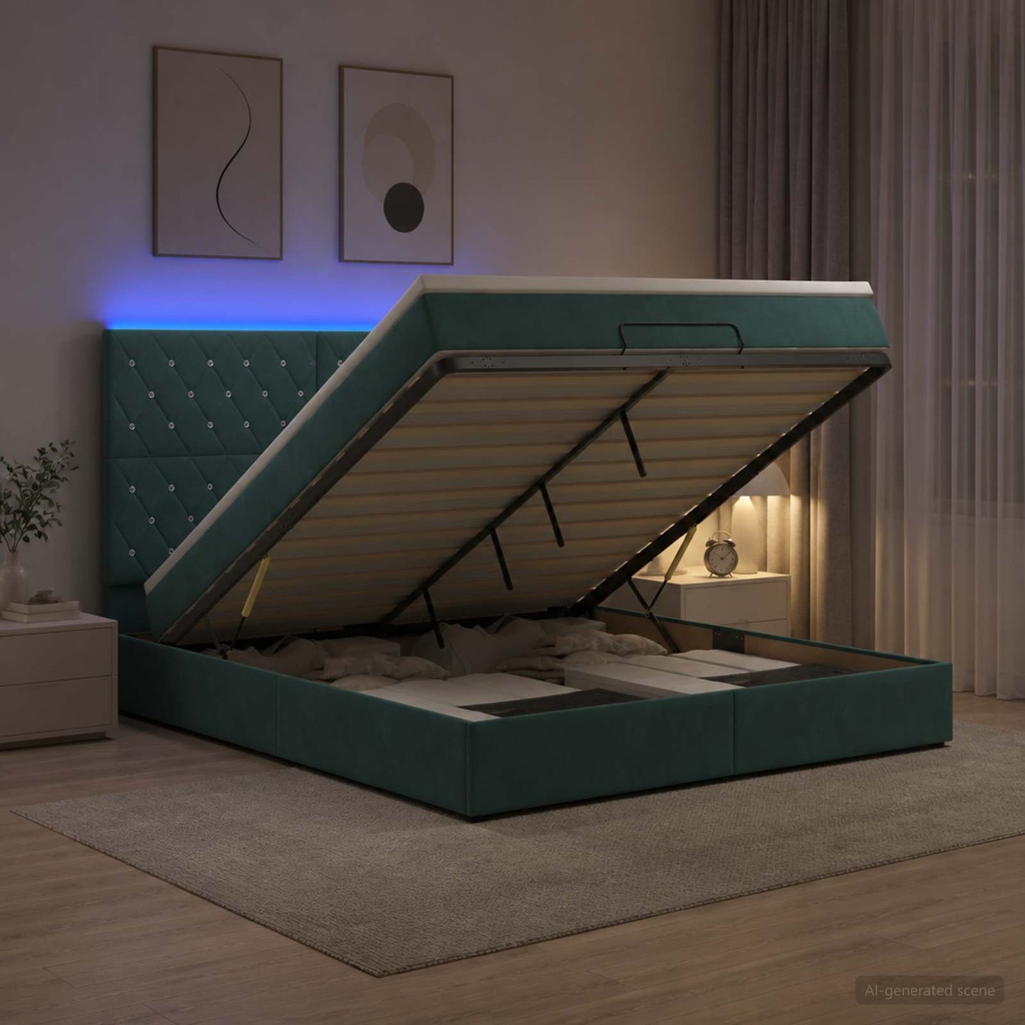Ottoman seng med madras og LED Mørkegrøn 140 x 190 cm Fløjl