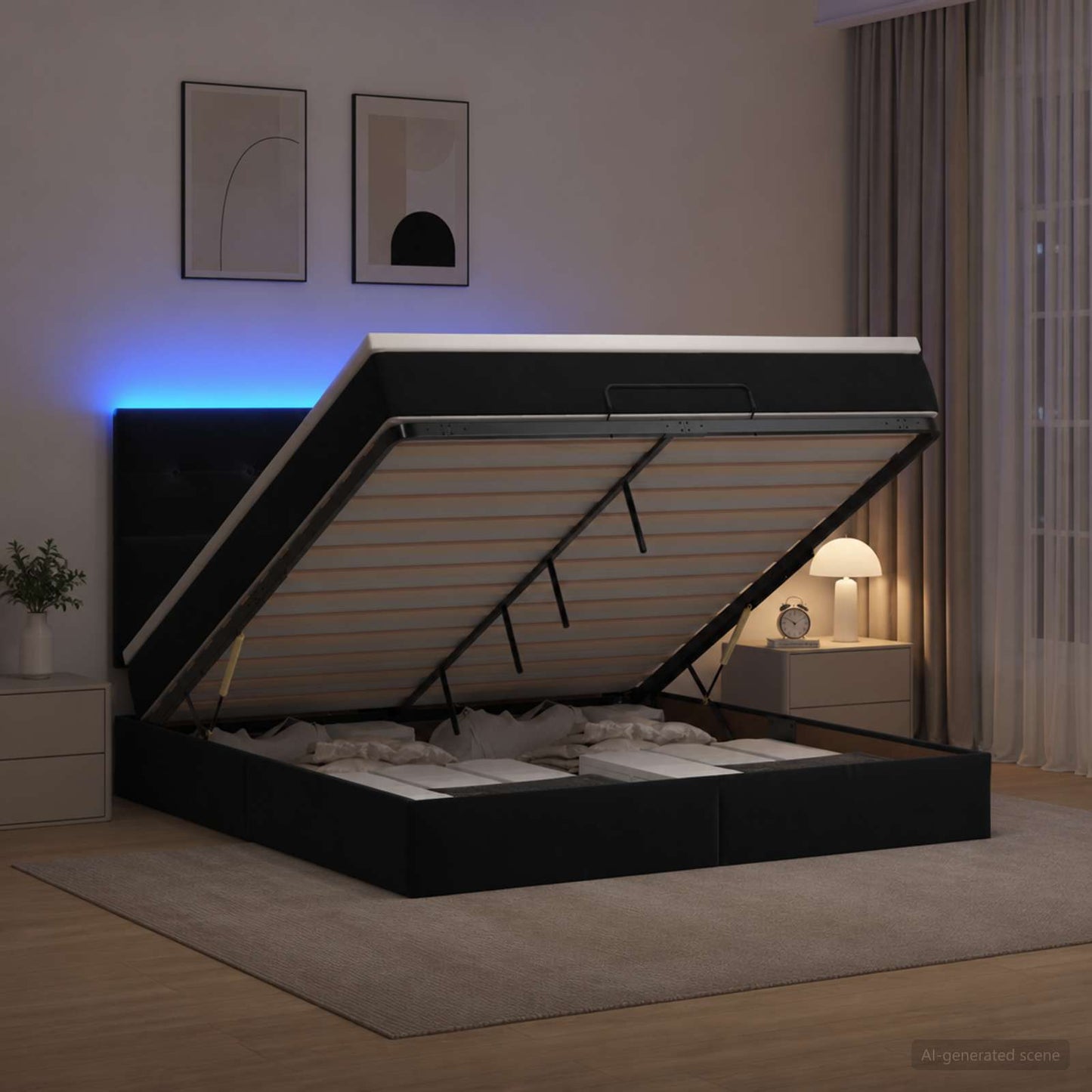 Ottoman seng med madras og LED Sort 160 x 200 cm Fløjl
