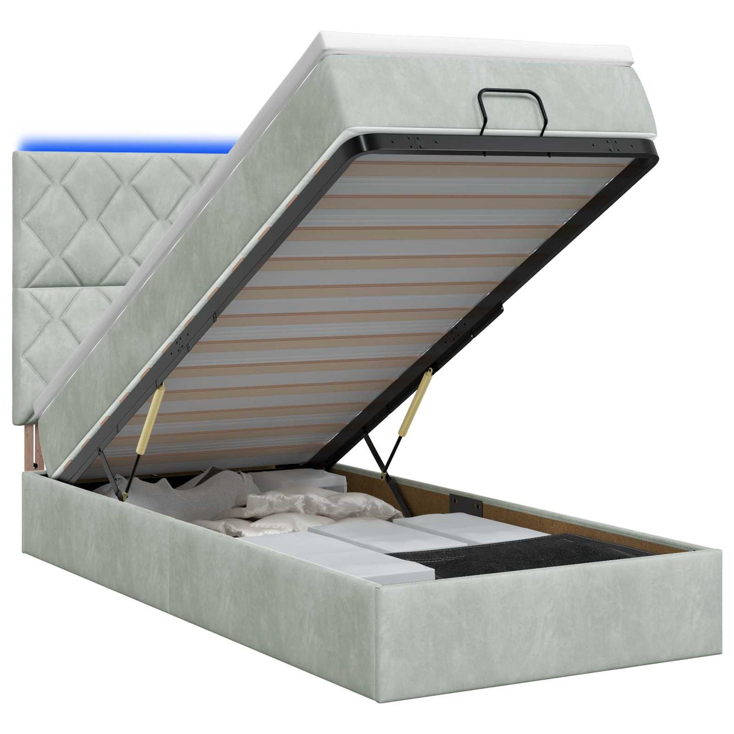 Ottoman seng med madras og LED Lysegrå 100 x 200 cm Fløjl