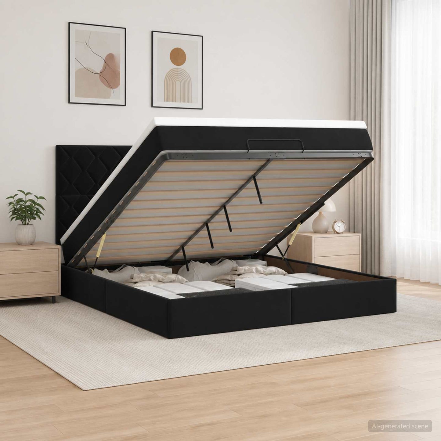 Ottoman seng med madras og LED Sort 140 x 190 cm Fløjl