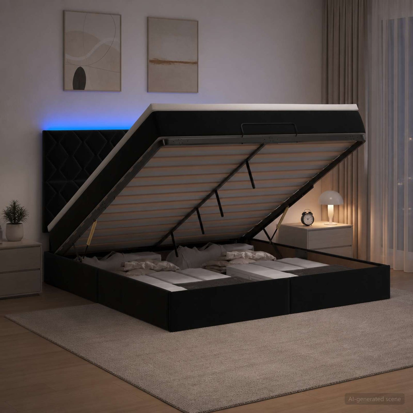 Ottoman seng med madras og LED Sort 140 x 200 cm Fløjl