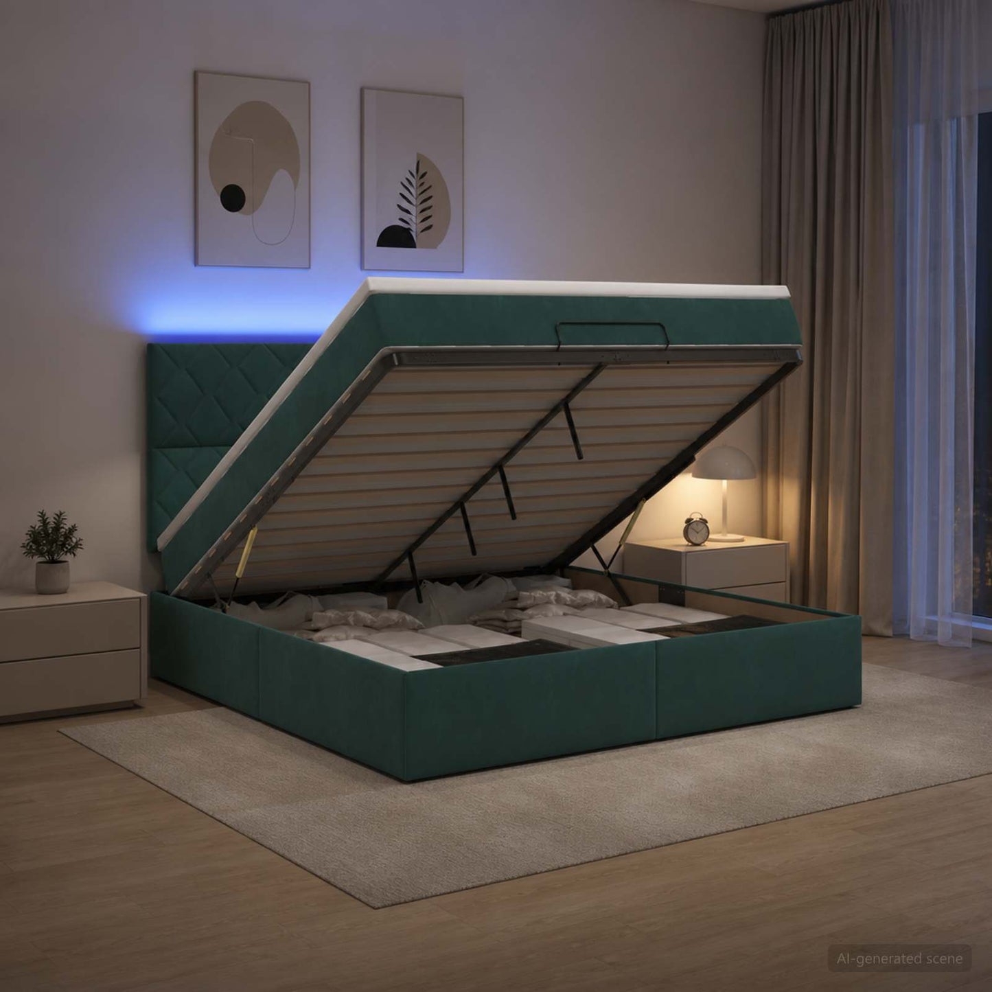 Ottoman seng med madras og LED Mørkegrøn 140 x 190 cm Fløjl