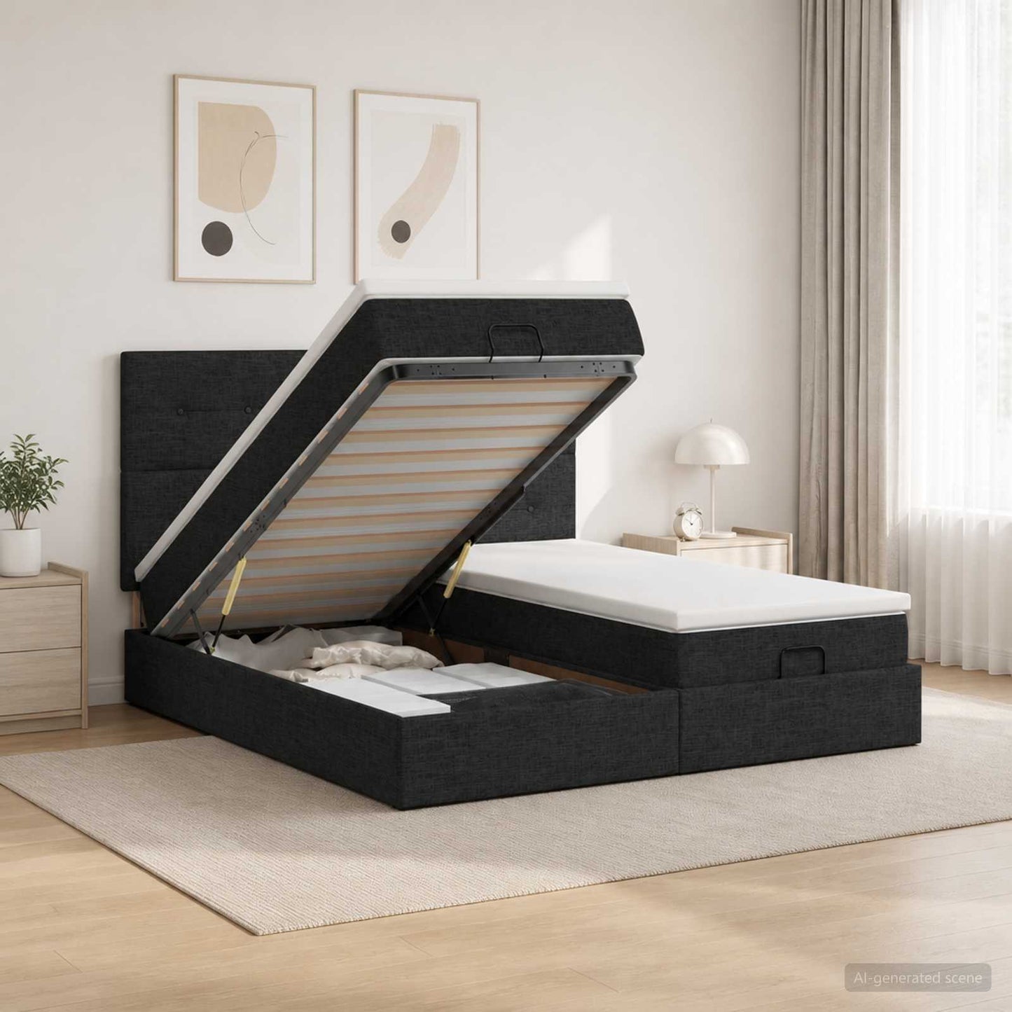 Ottoman seng med madras og LED Sort 200 x 200 cm Stof