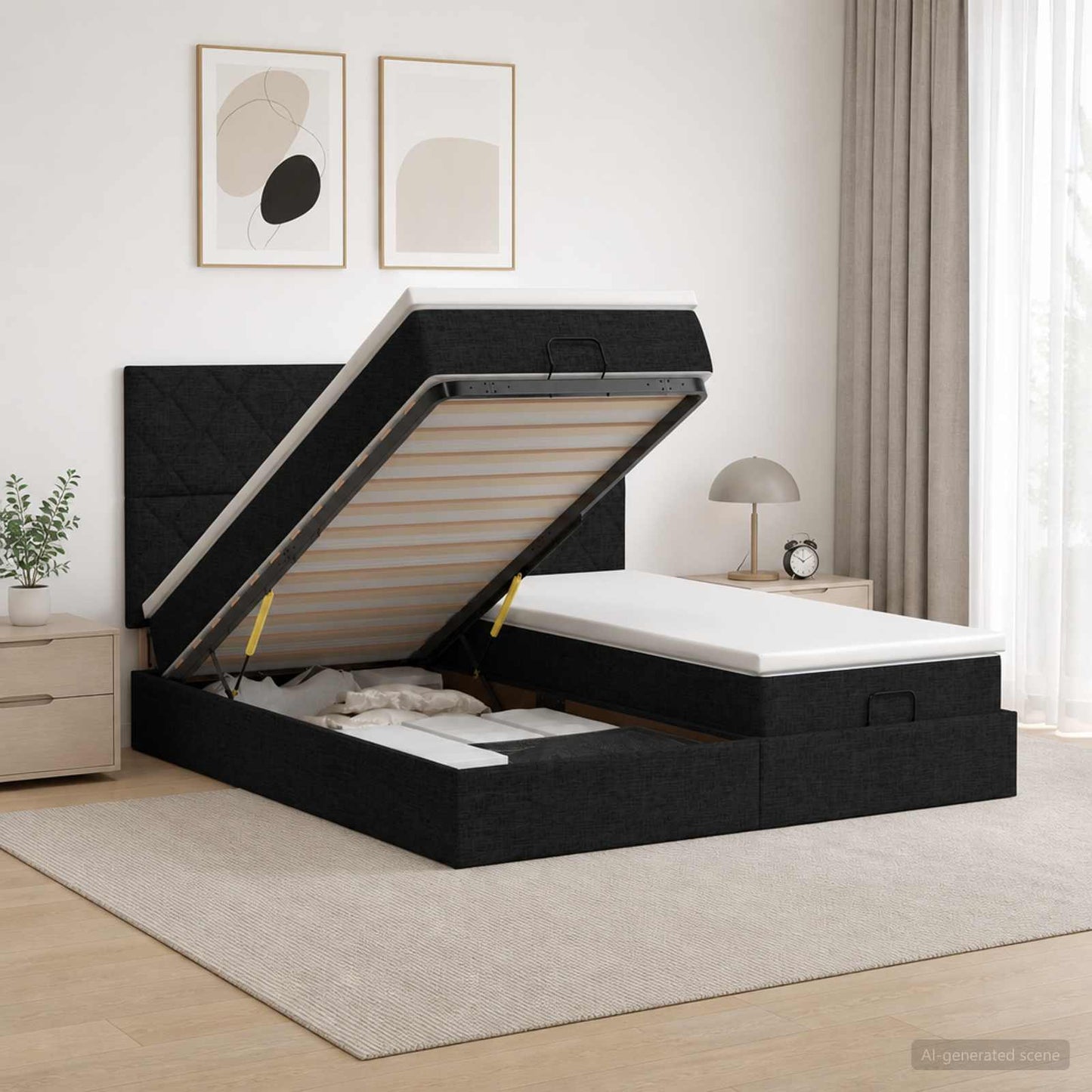 Ottoman seng med madras og LED Sort 160 x 200 cm Stof