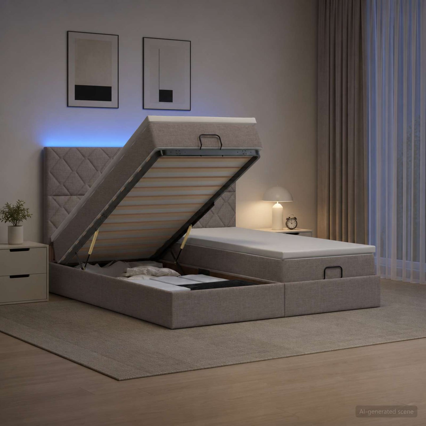 Ottoman seng med madras og LED Gråbrun 200 x 200 cm Stof