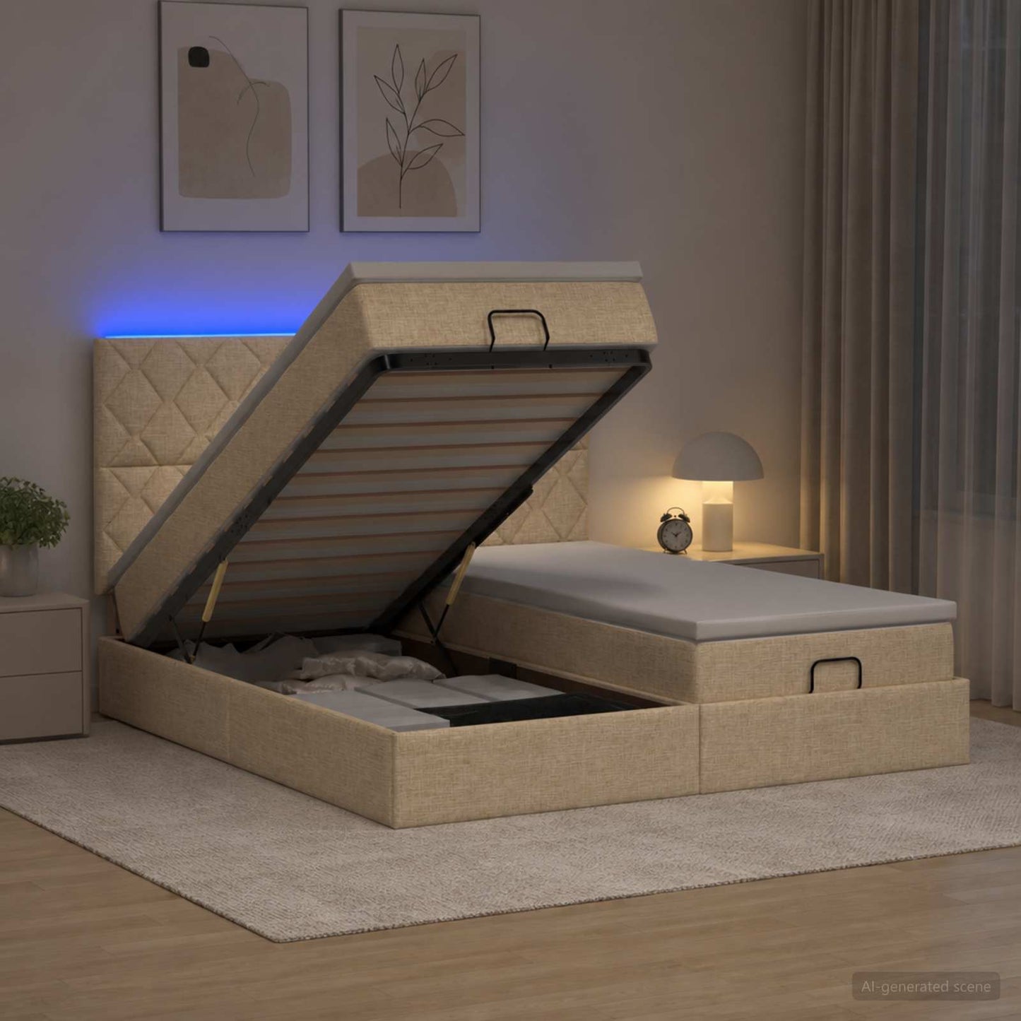 Ottoman seng med madras og LED Cremefarvet 180 x 200 cm Stof