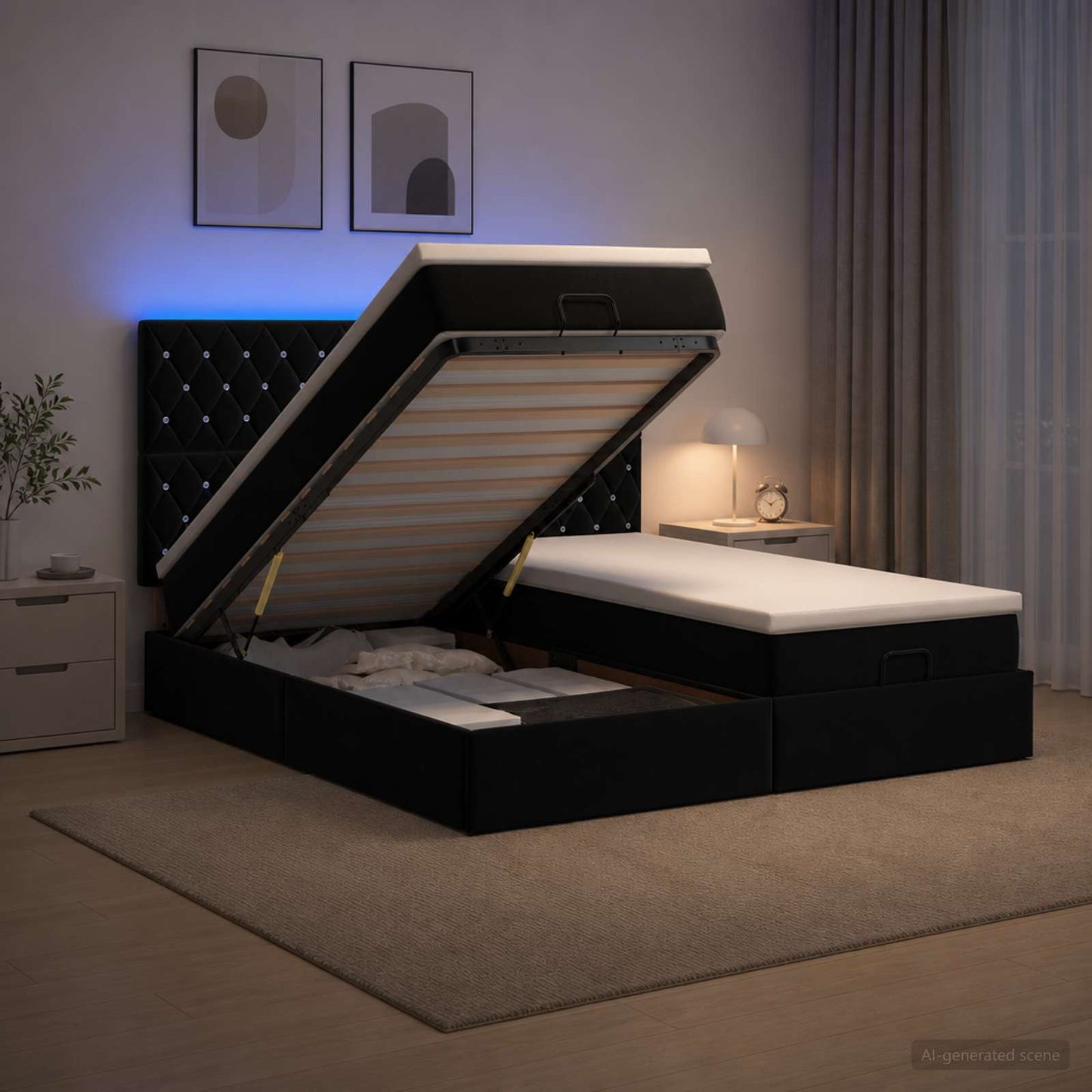 Ottoman seng med madras og LED Sort 160 x 200 cm Velour