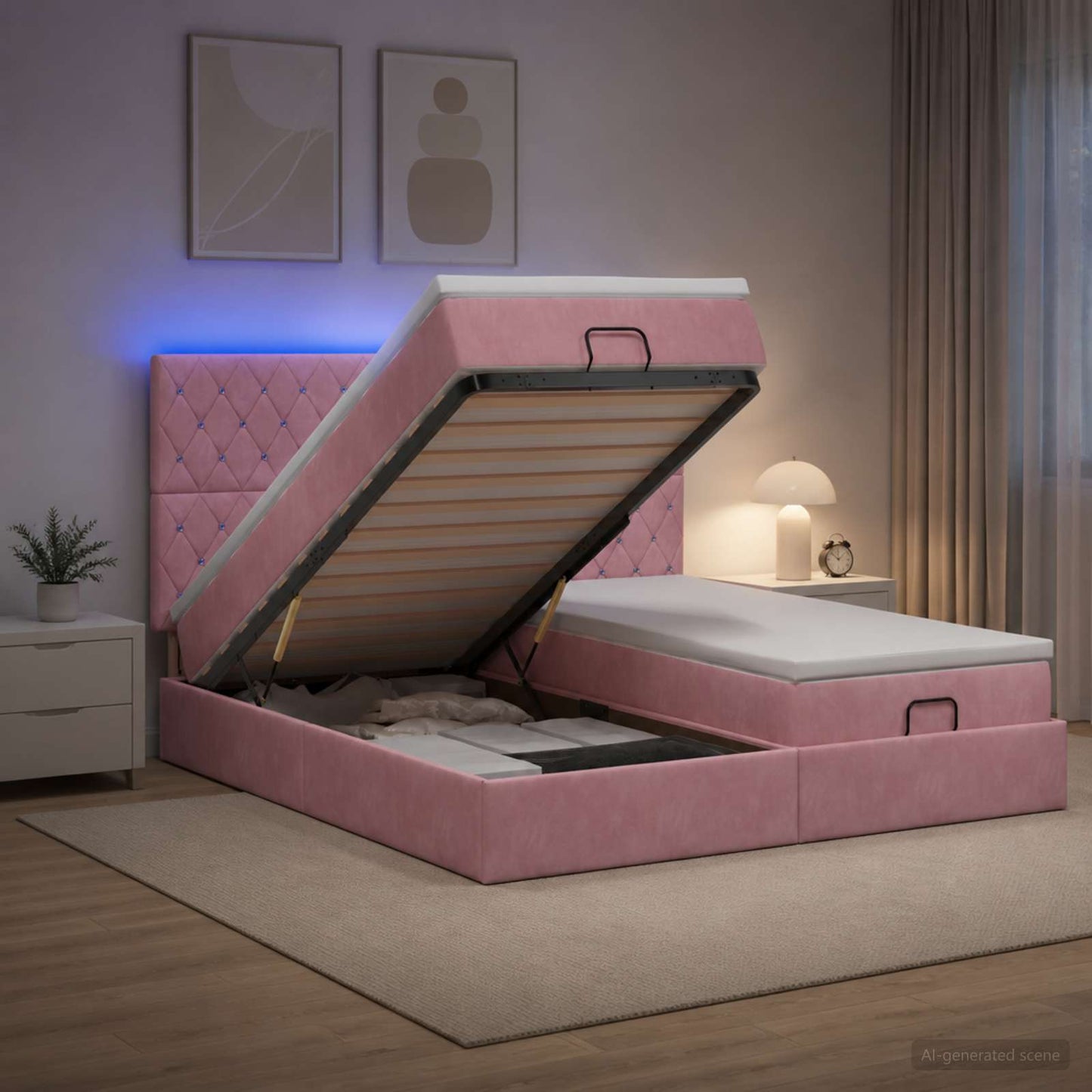 Ottoman seng med madras og LED Lyserød 200 x 200 cm Velour