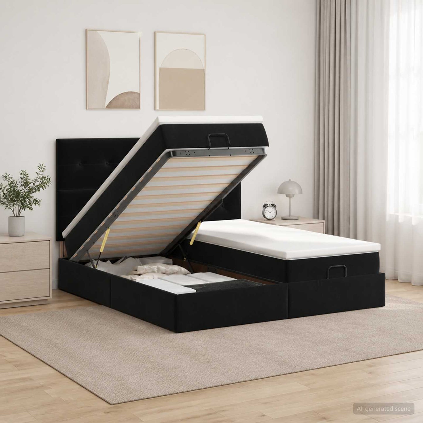 Ottoman seng med madras og LED Sort 160 x 200 cm Velour