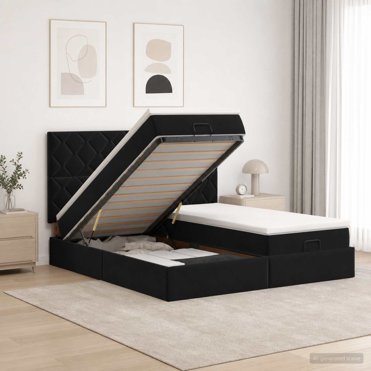 Ottoman seng med madras og LED Sort 160 x 200 cm Velour