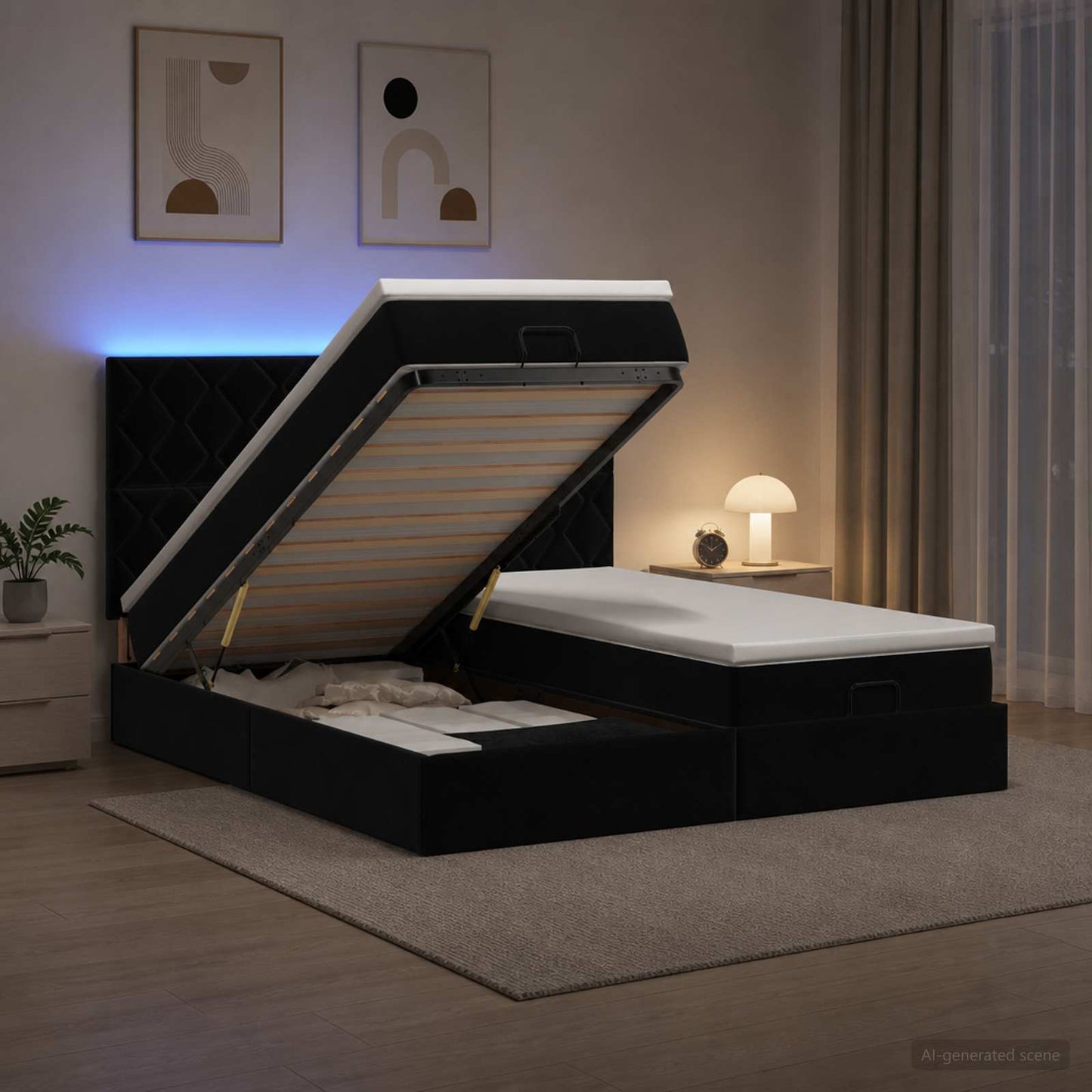 Ottoman seng med madras og LED Sort 160 x 200 cm Velour
