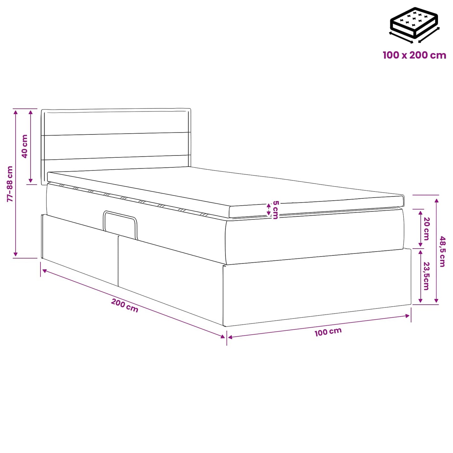 Seng med opbevaring og madras Cremefarvet 100 x 200 cm Fløjl