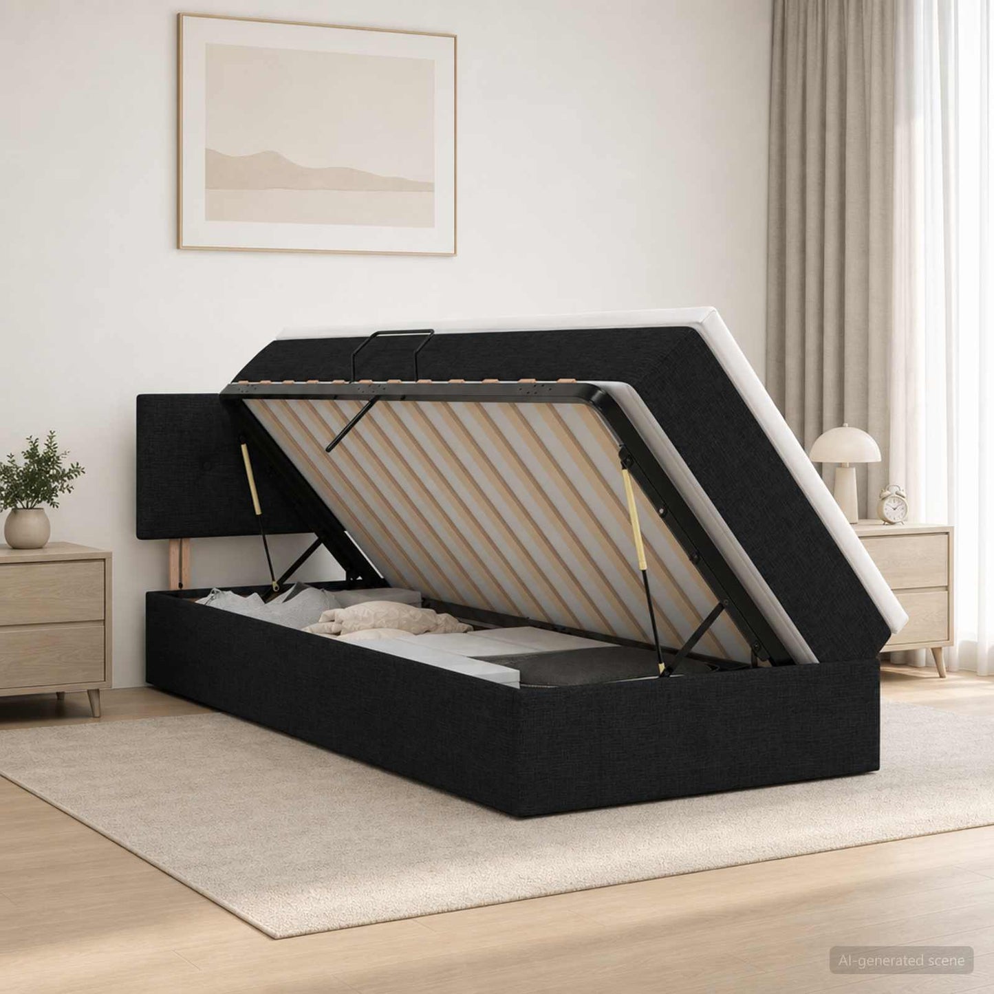 LED opbevarings seng med madras Sort 100 x 200 cm Stof