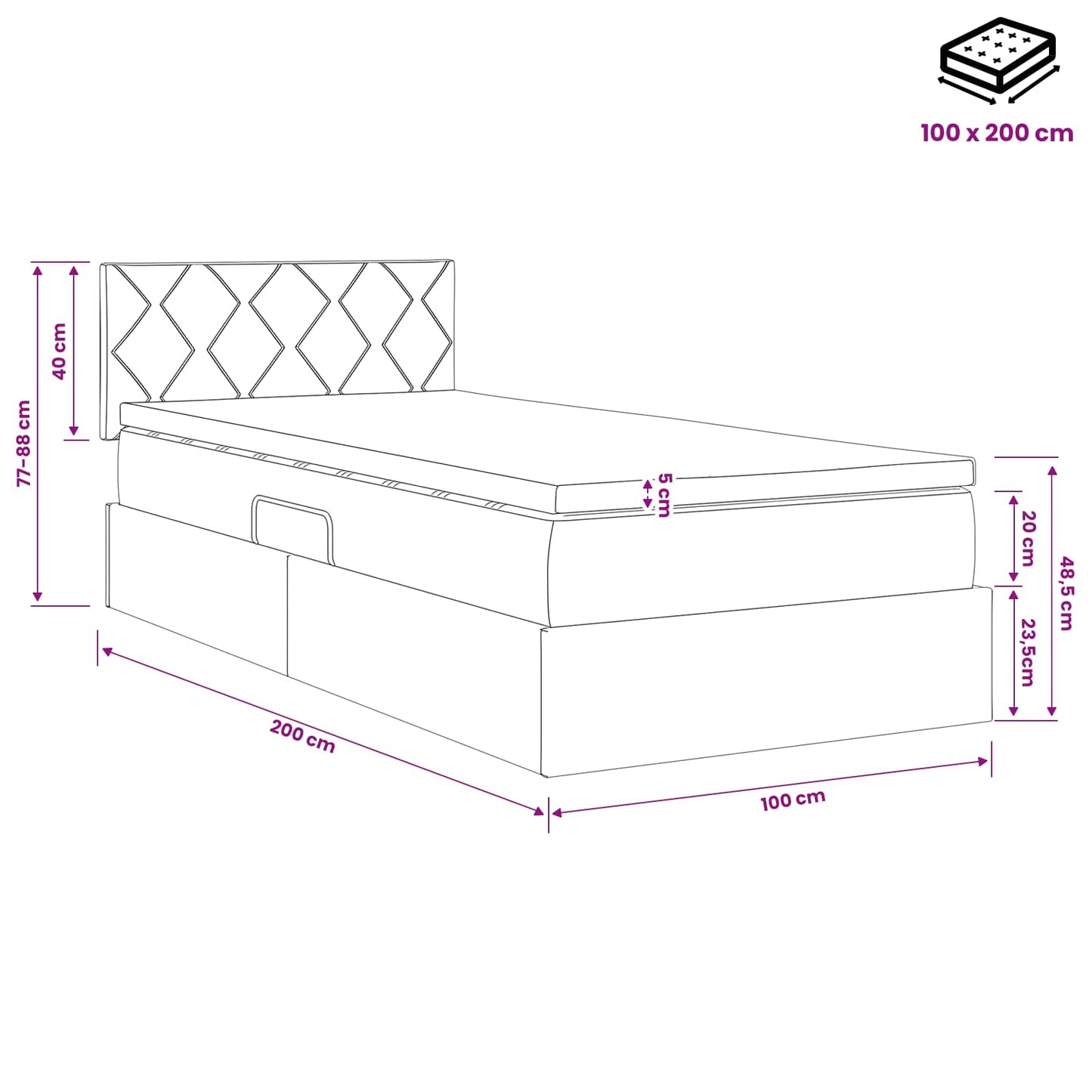Seng med opbevaring og madras Blå 100 x 200 cm Fløjl