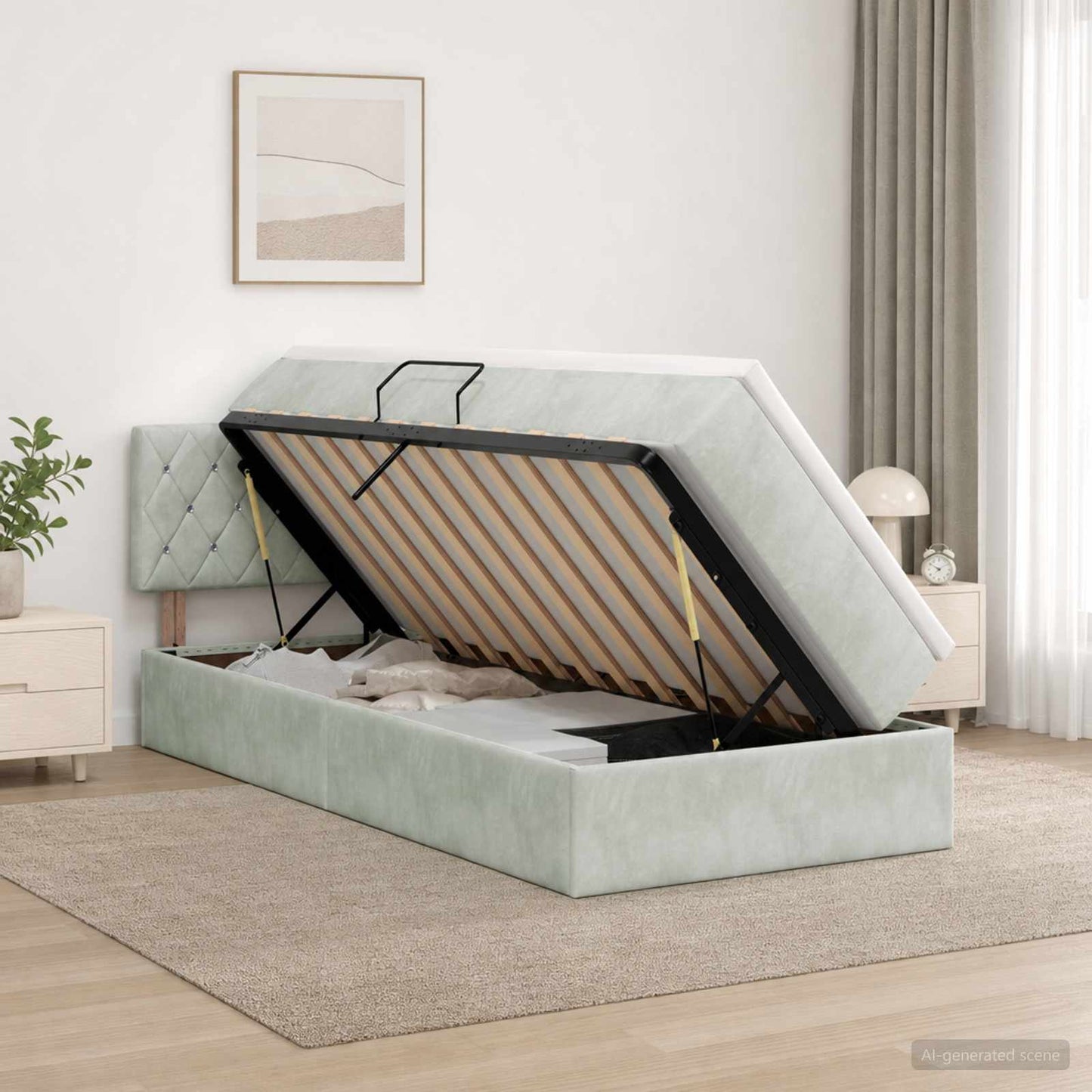 LED opbevarings seng med madras Lysegrå 100 x 200 cm Fløjl