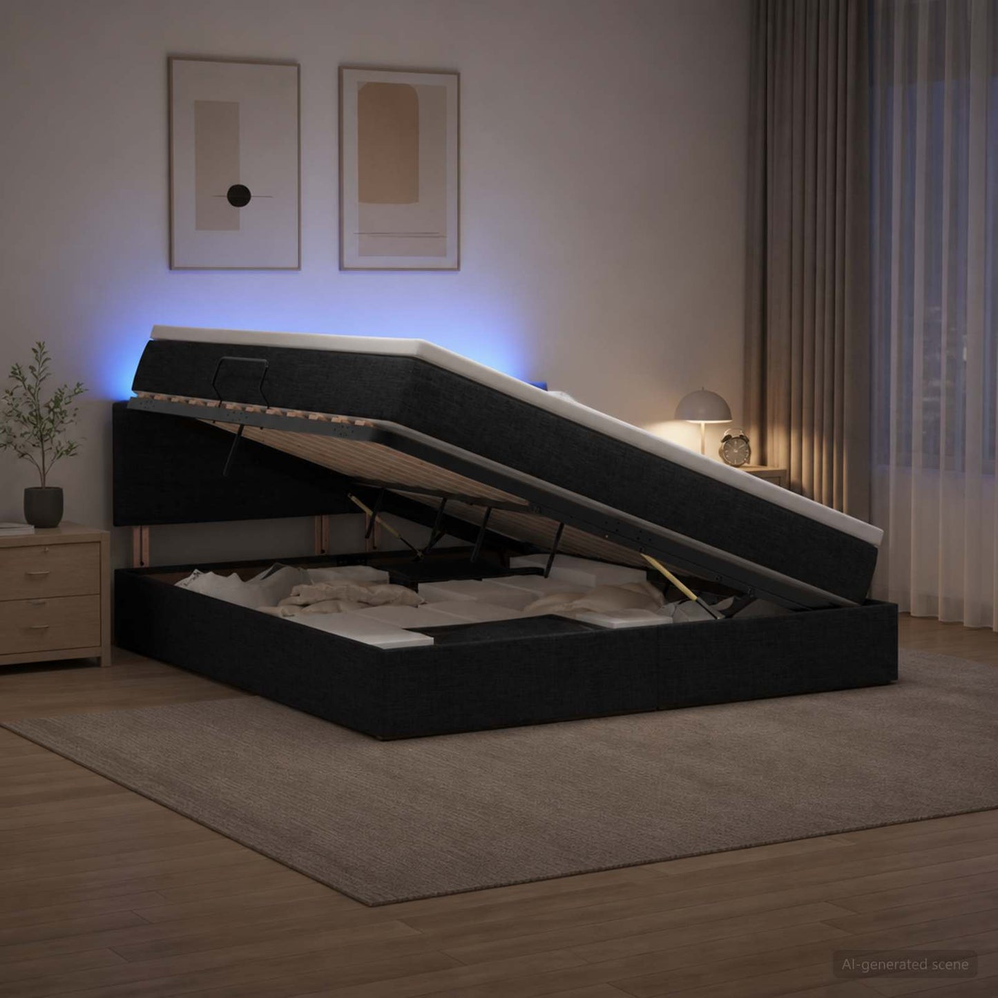 LED opbevarings seng med madras Sort 160 x 200 cm Stof