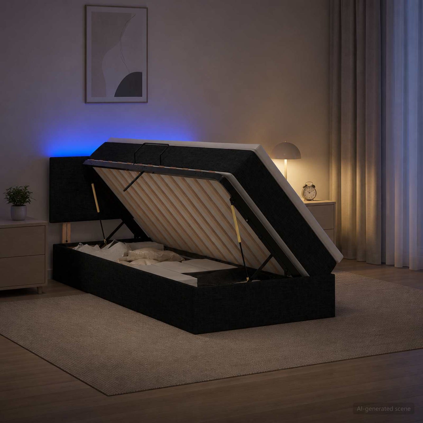 LED opbevarings seng med madras Sort 90 x 200 cm Stof
