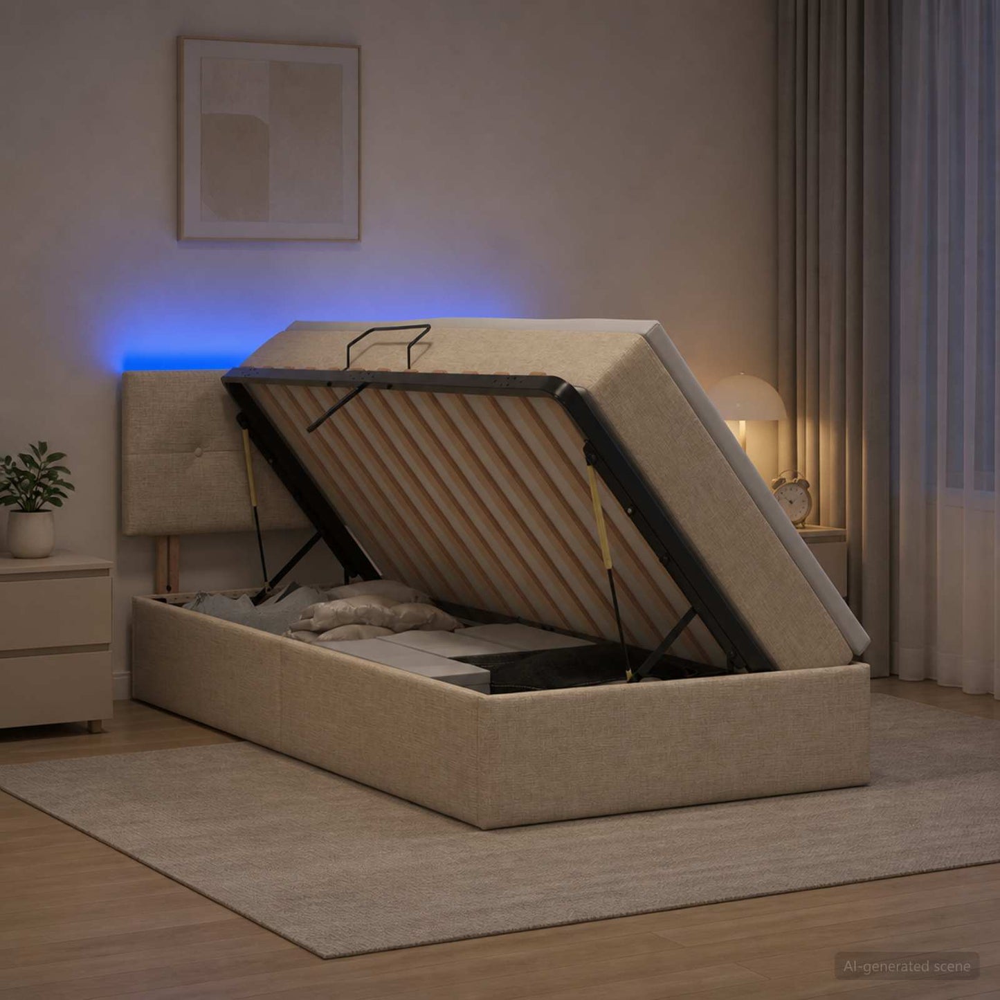 LED opbevarings seng med madras Cremefarvet 90 x 200 cm Stof