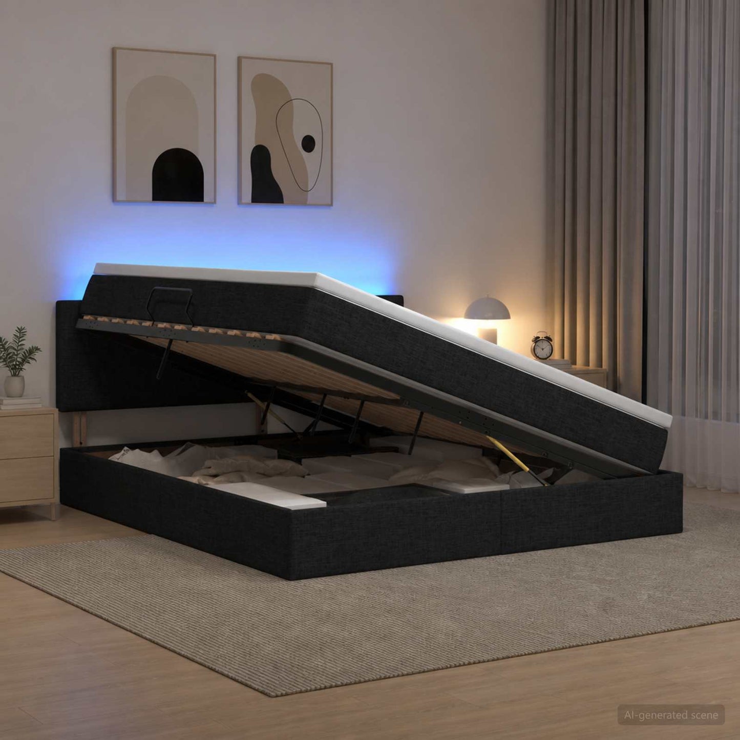 LED opbevarings seng med madras Sort 160 x 200 cm Stof