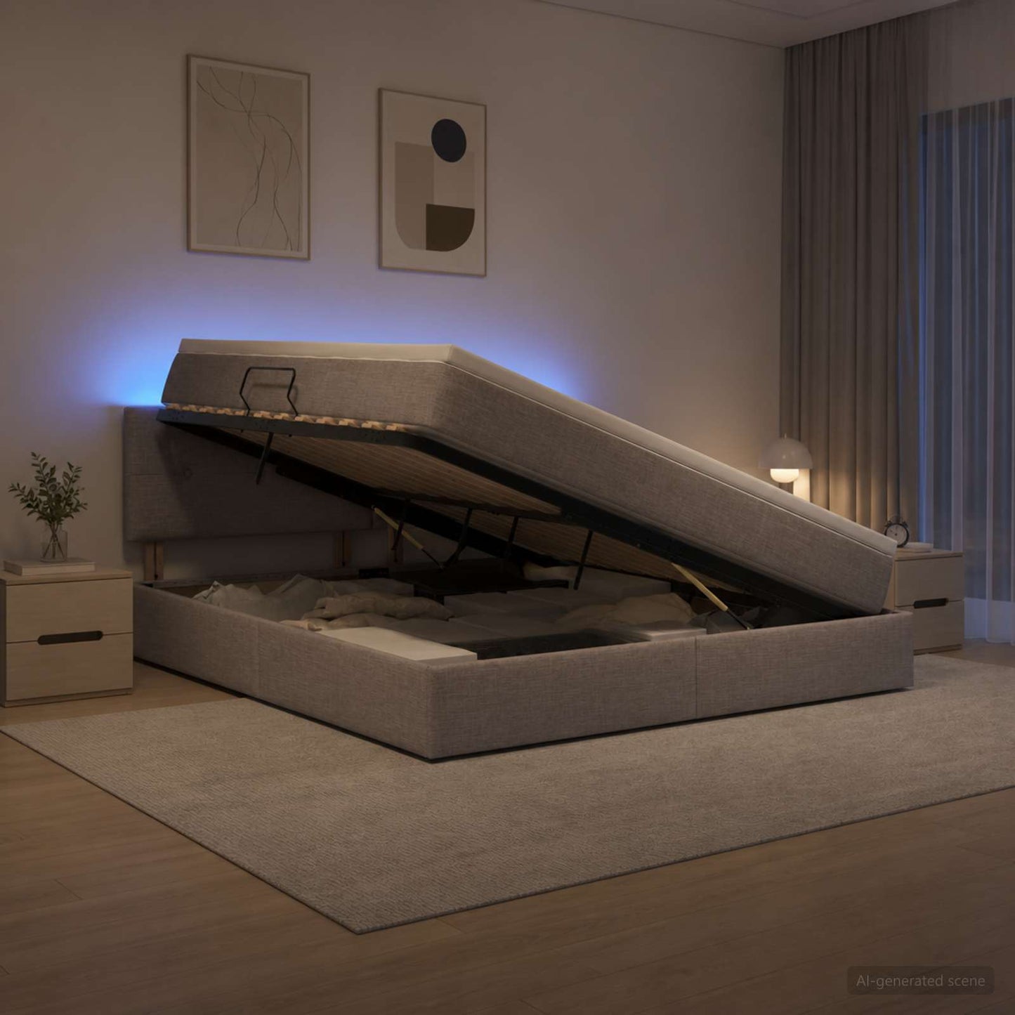 LED opbevarings seng med madras Gråbrun 140 x 200 cm Stof