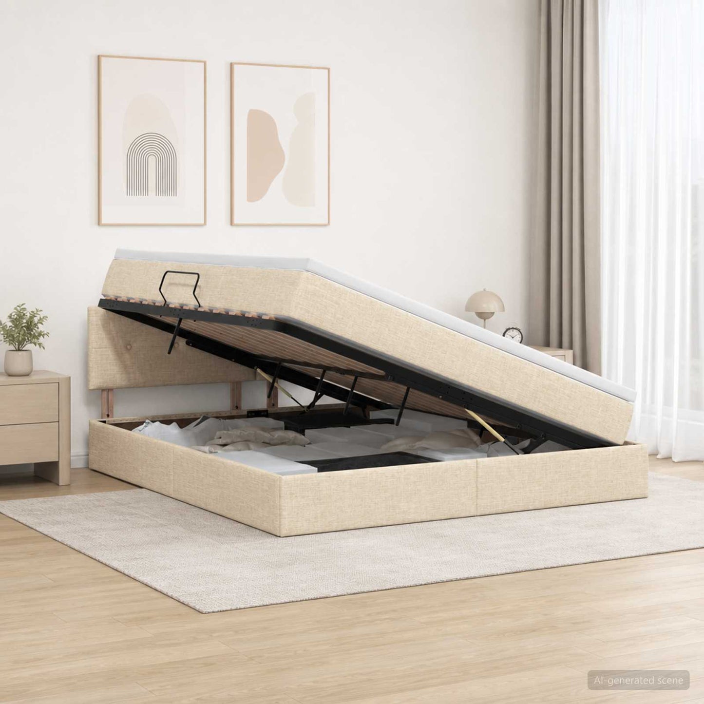 LED opbevarings seng med madras Cremefarvet 180 x 200 cm Stof