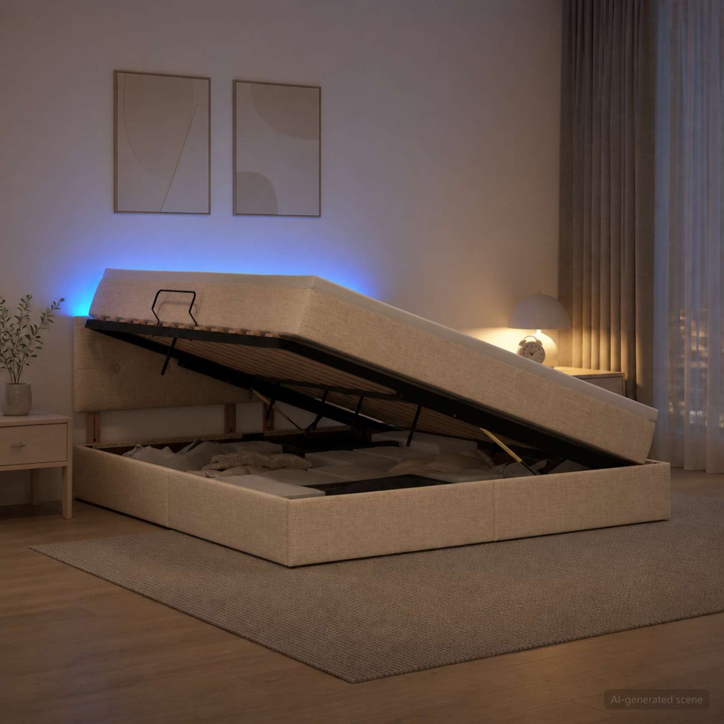 LED opbevarings seng med madras Cremefarvet 140 x 200 cm Stof