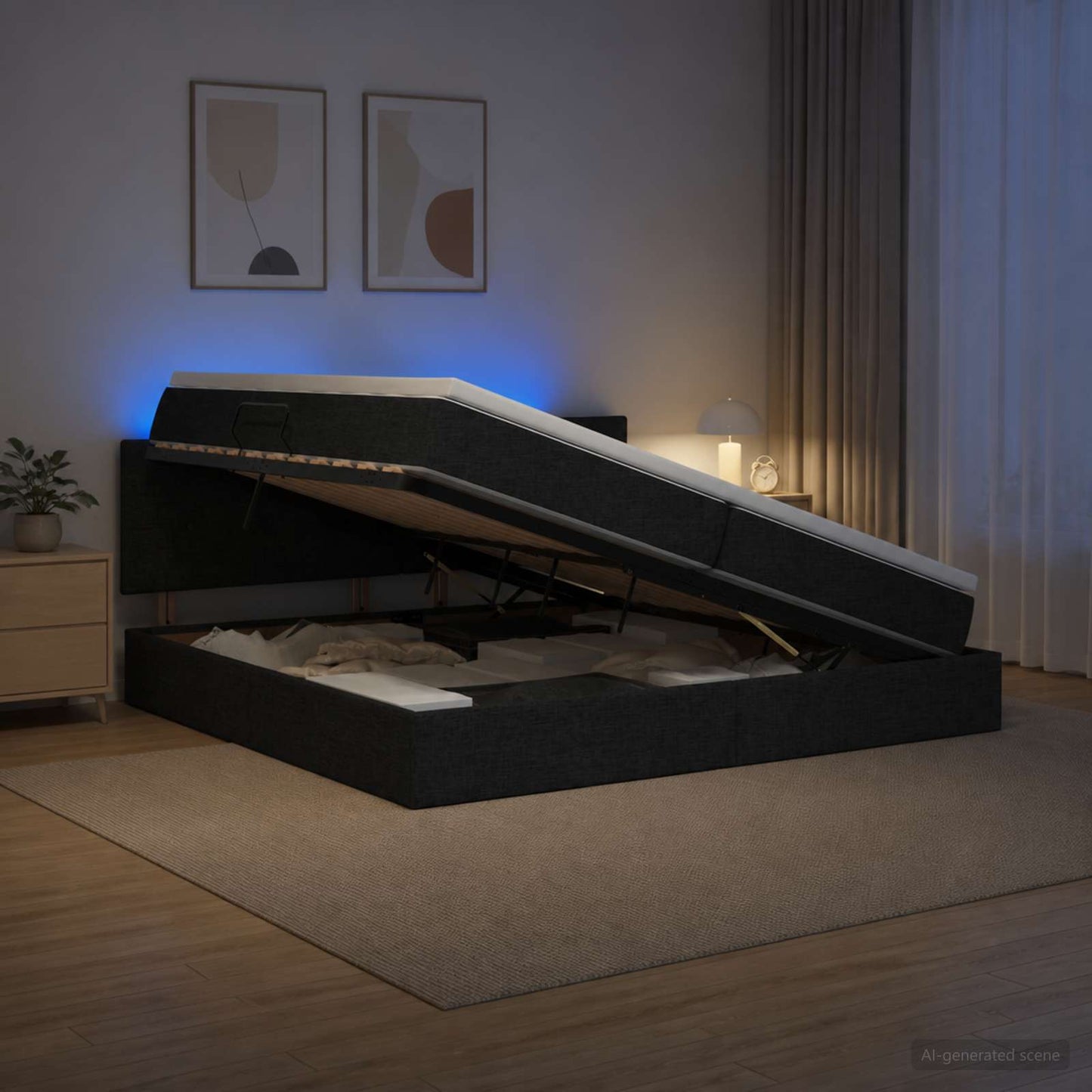 LED opbevarings seng med madras Sort 200 x 200 cm Stof