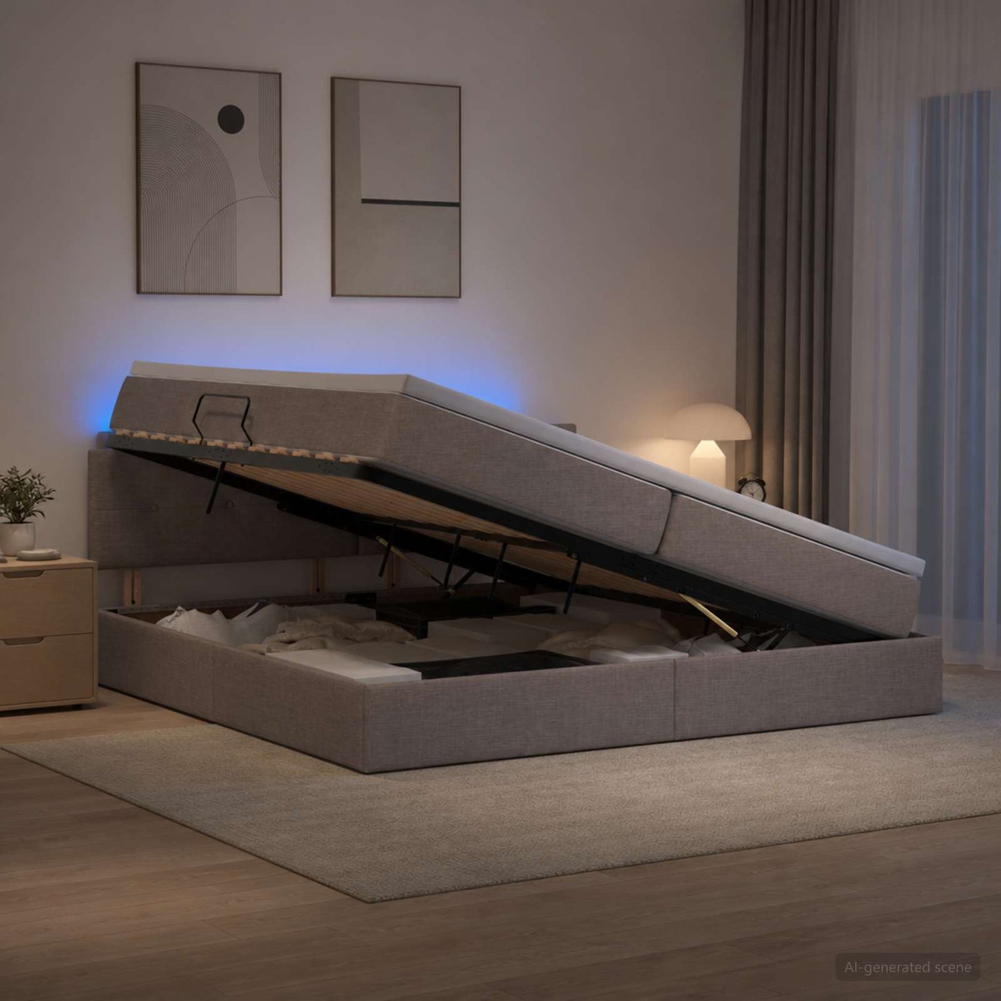 LED opbevarings seng med madras Gråbrun 200 x 200 cm Stof