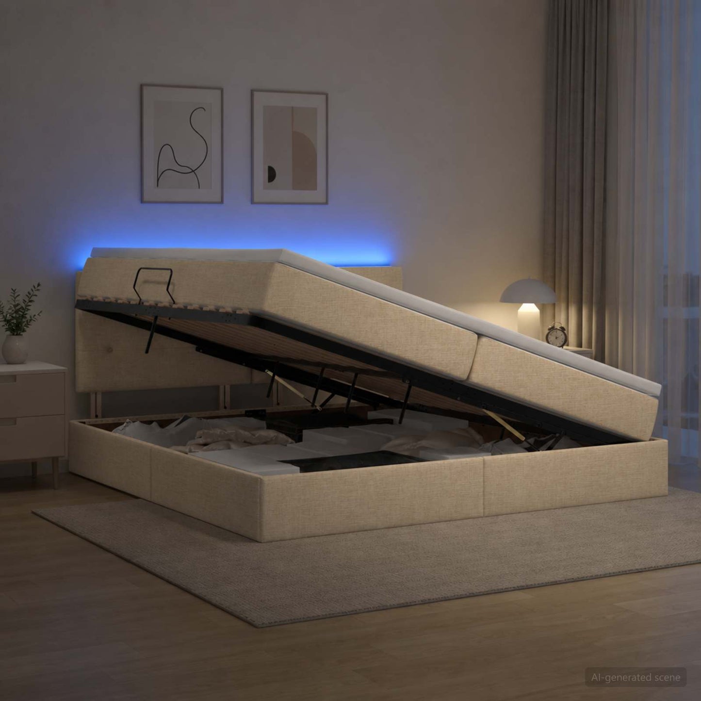 LED opbevarings seng med madras Cremefarvet 200 x 200 cm Stof