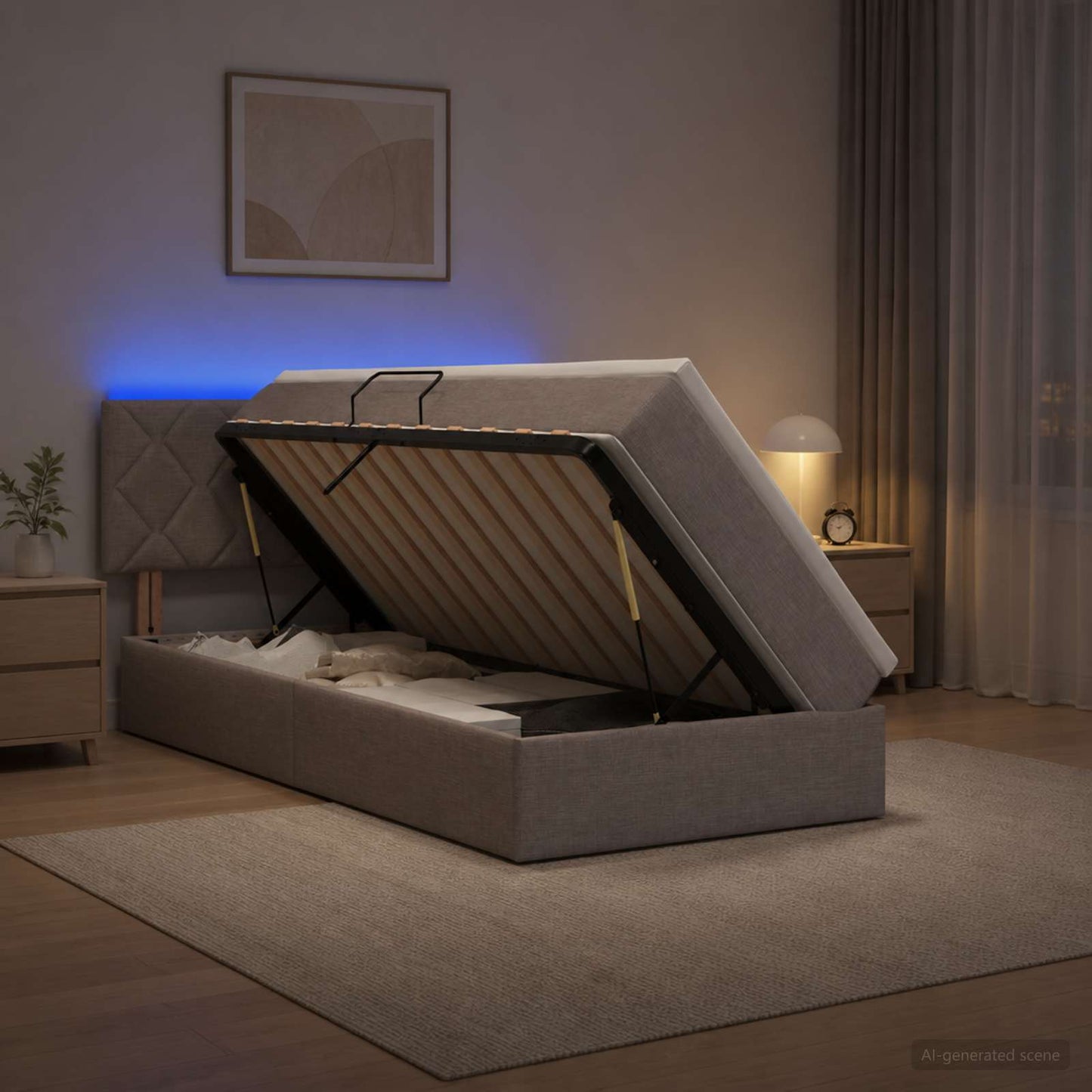 LED opbevarings seng med madras Gråbrun 100 x 200 cm Stof