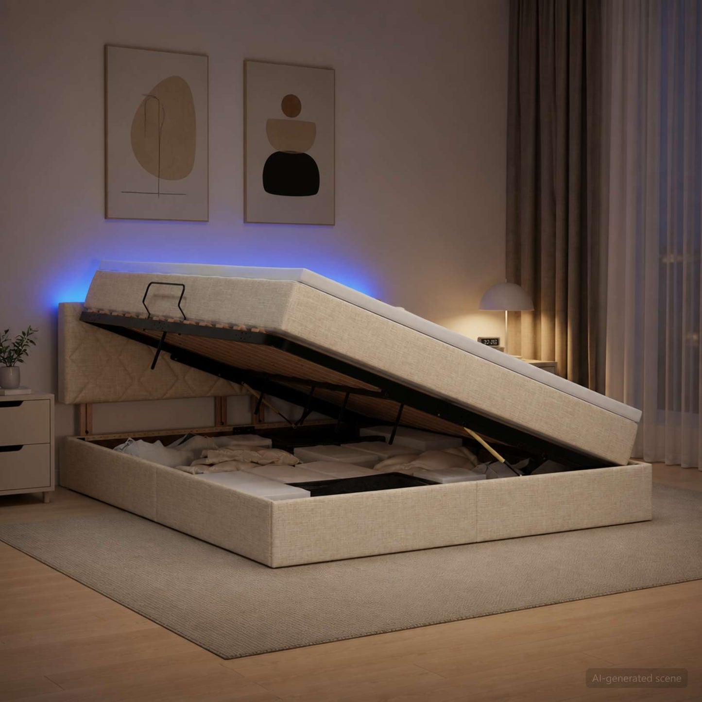 LED opbevarings seng med madras Cremefarvet 180 x 200 cm Stof