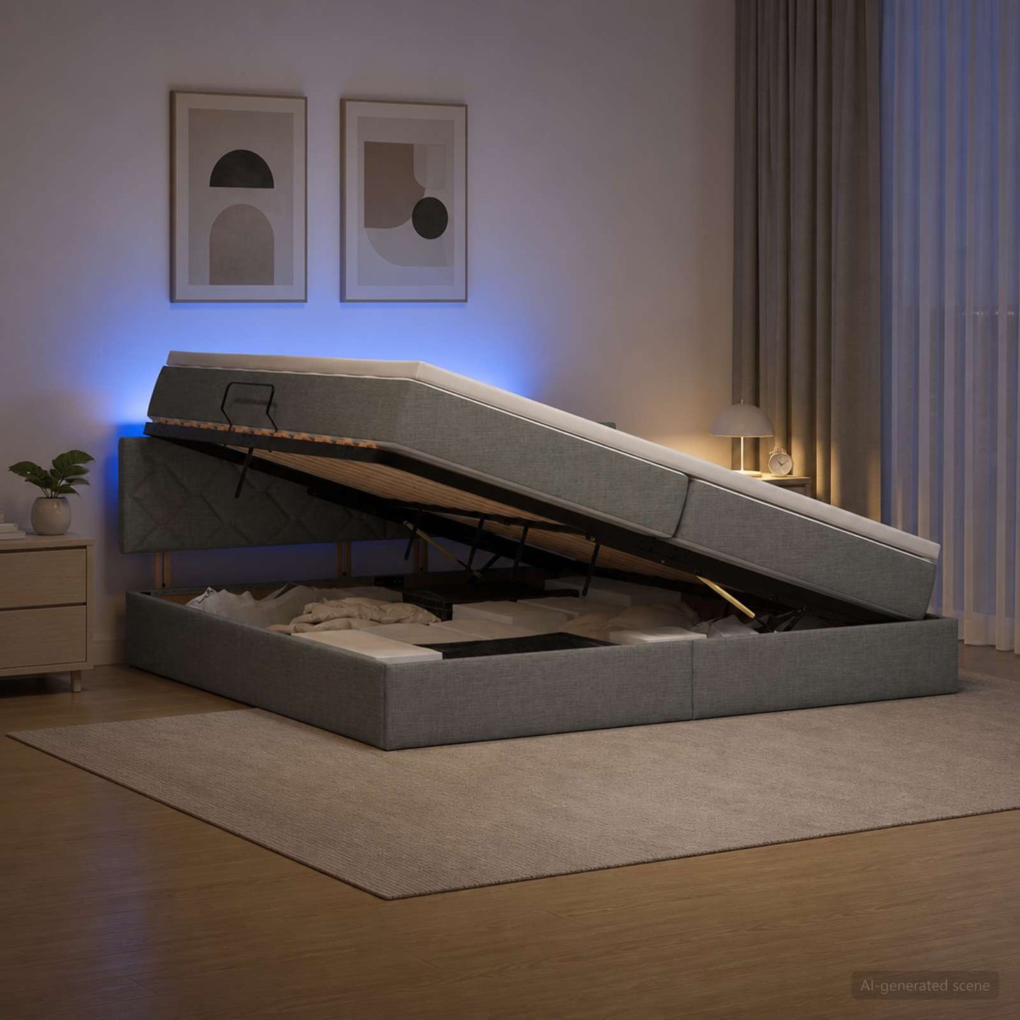 LED opbevarings seng med madras Mørkegrå 200 x 200 cm Stof
