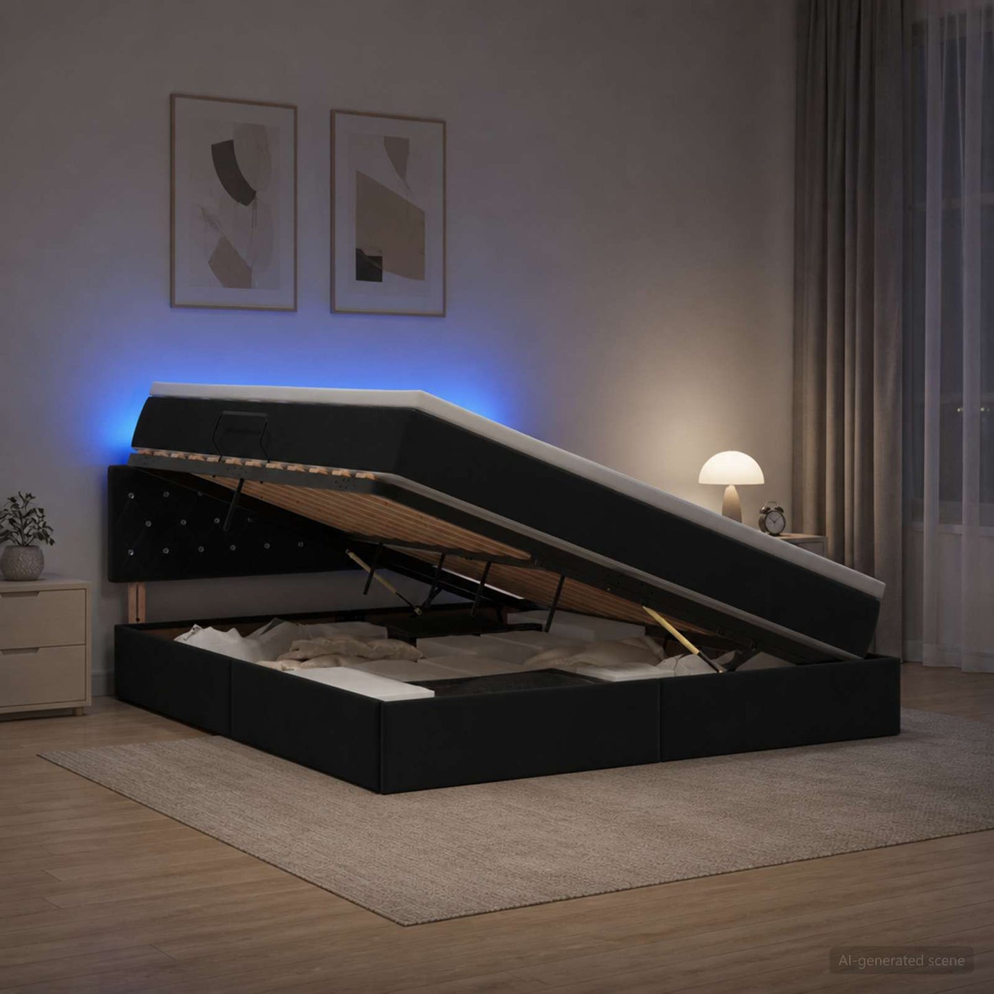 LED opbevarings seng med madras Sort 160 x 200 cm Fløjl